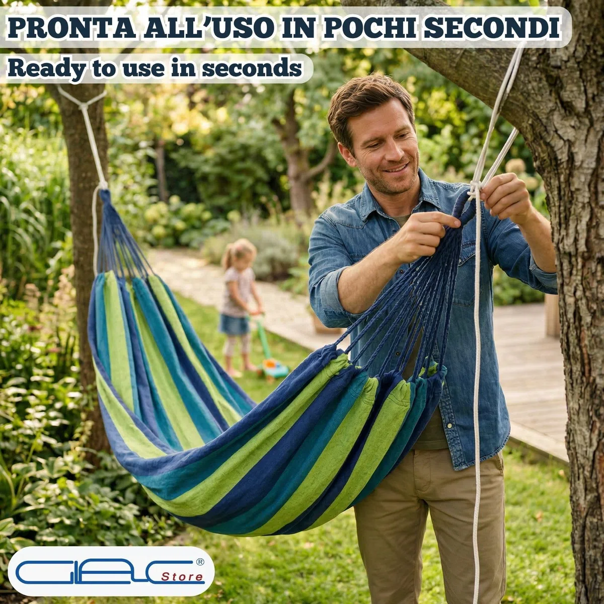 Amaca in Poliestere, 200 x 100 cm, Portata 150 kg, Leggera 800 g, con Corde, per Giardino, Campeggio, Spiaggia (Blu)