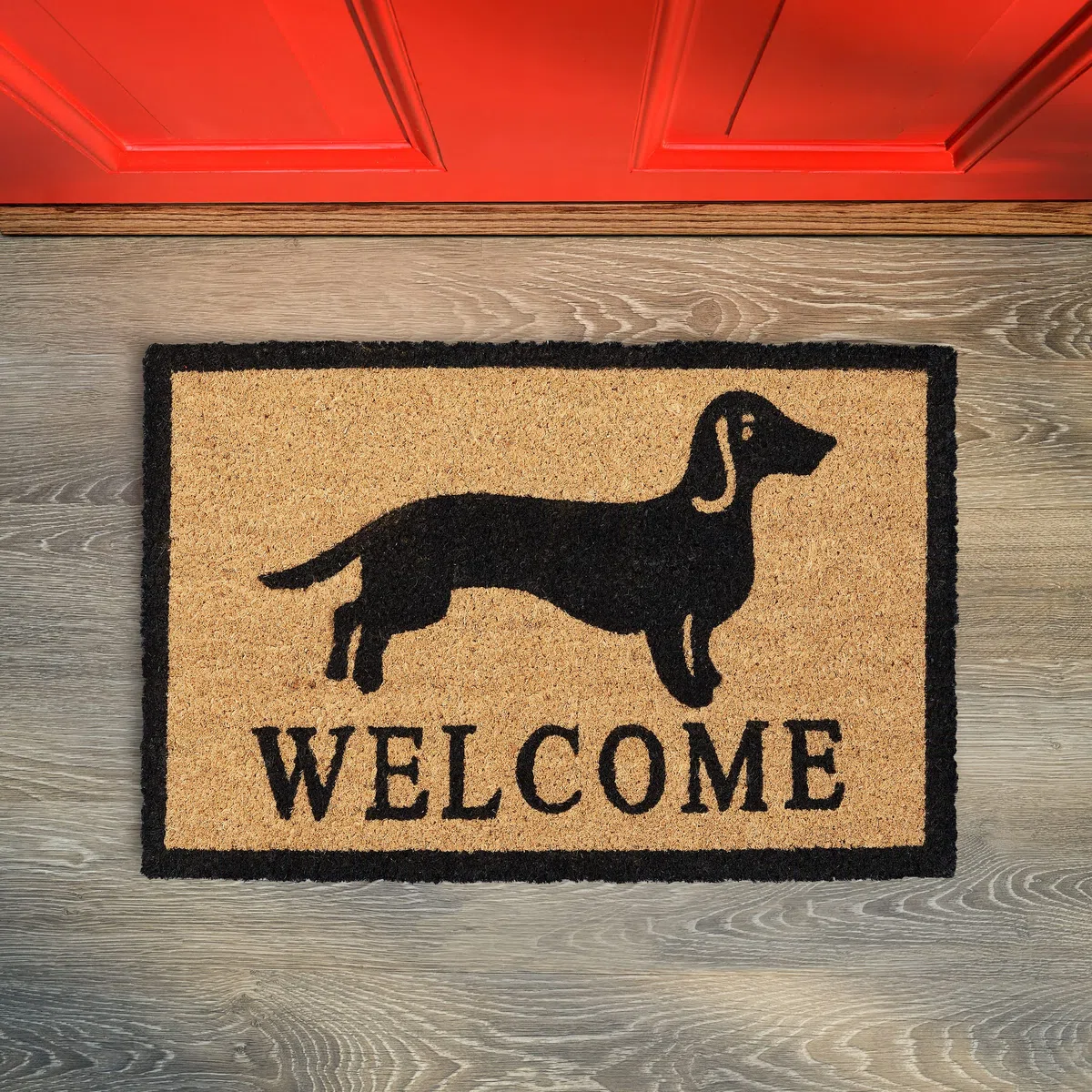 Relaxdays Zerbino con Bassotto, Fibra di Cocco, Frase Welcome, Interni ed Esterni, 40x60 cm, Antiscivolo, Naturale/Nero