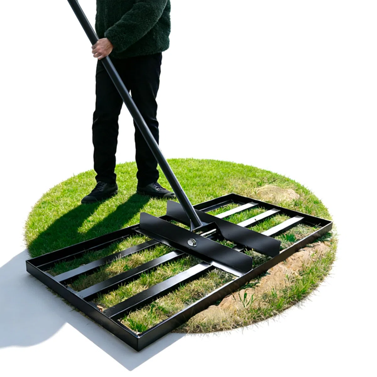 【100 x 25 cm】 Rastrello livellante per prato con manico telescopico da 2 m e sistema di presa a manopola (a prova di colpa) – raschietto in acciaio inox per un facile livellamento di prato, sabbia