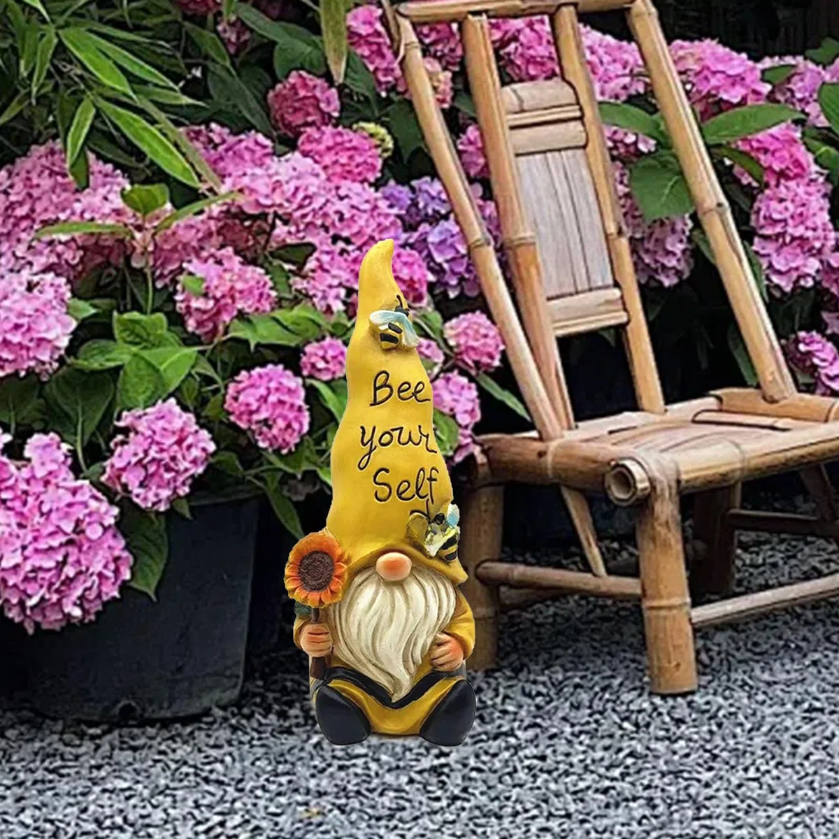 GNOME Elf Statua da giardino, in resina, nano da giardino con cappello, graziosa figura da giardino per aiuola, terrazzo e prato 14 * 9.5 * 24.5 cm (Girasole giallo)