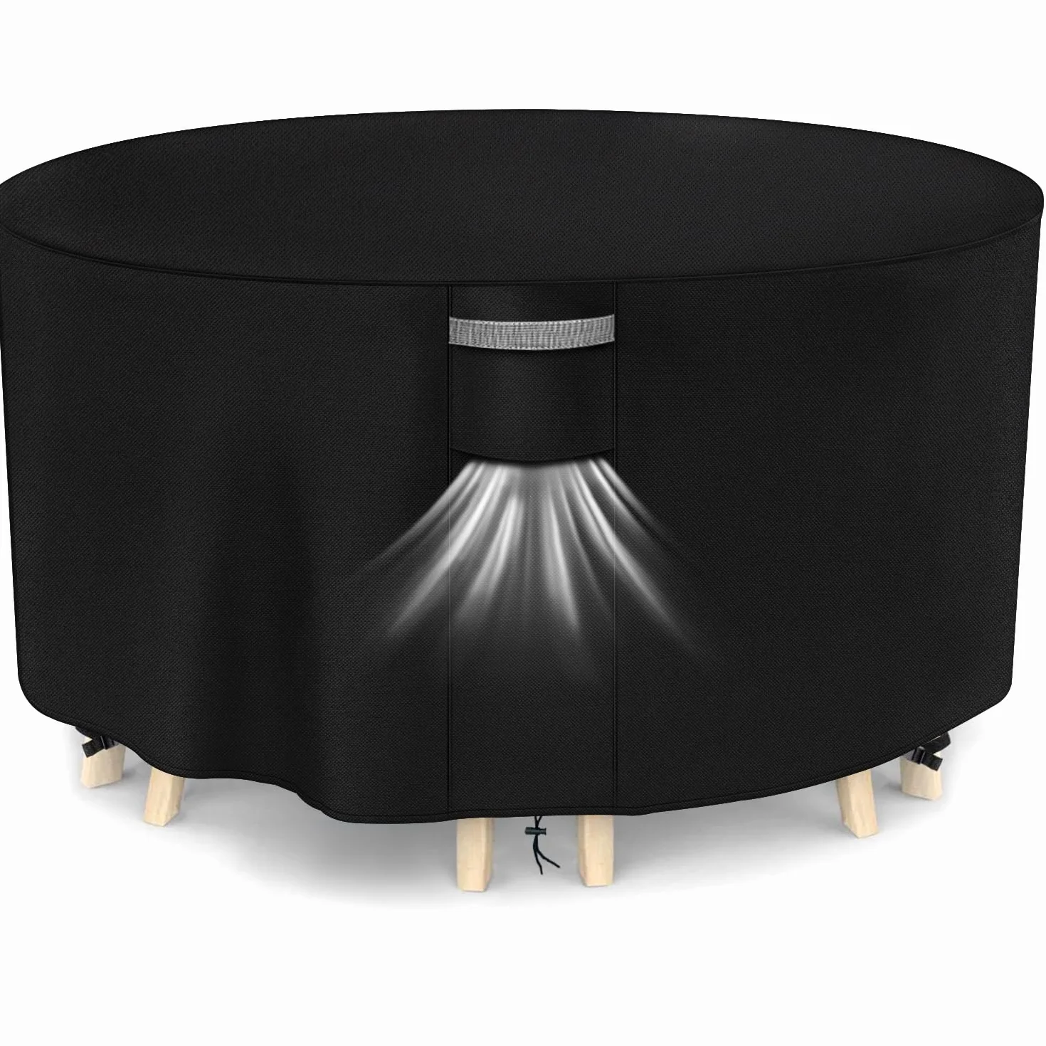 Dokon Copertura per Tavolo da Giardino Impermeabile Tessuto Oxford 420D Antivento Anti-UV Copertura Mobili Esterno con Prese d'Aria, Telo Copri Tavolo, Rotonda (Ø163x90cm) - Nero