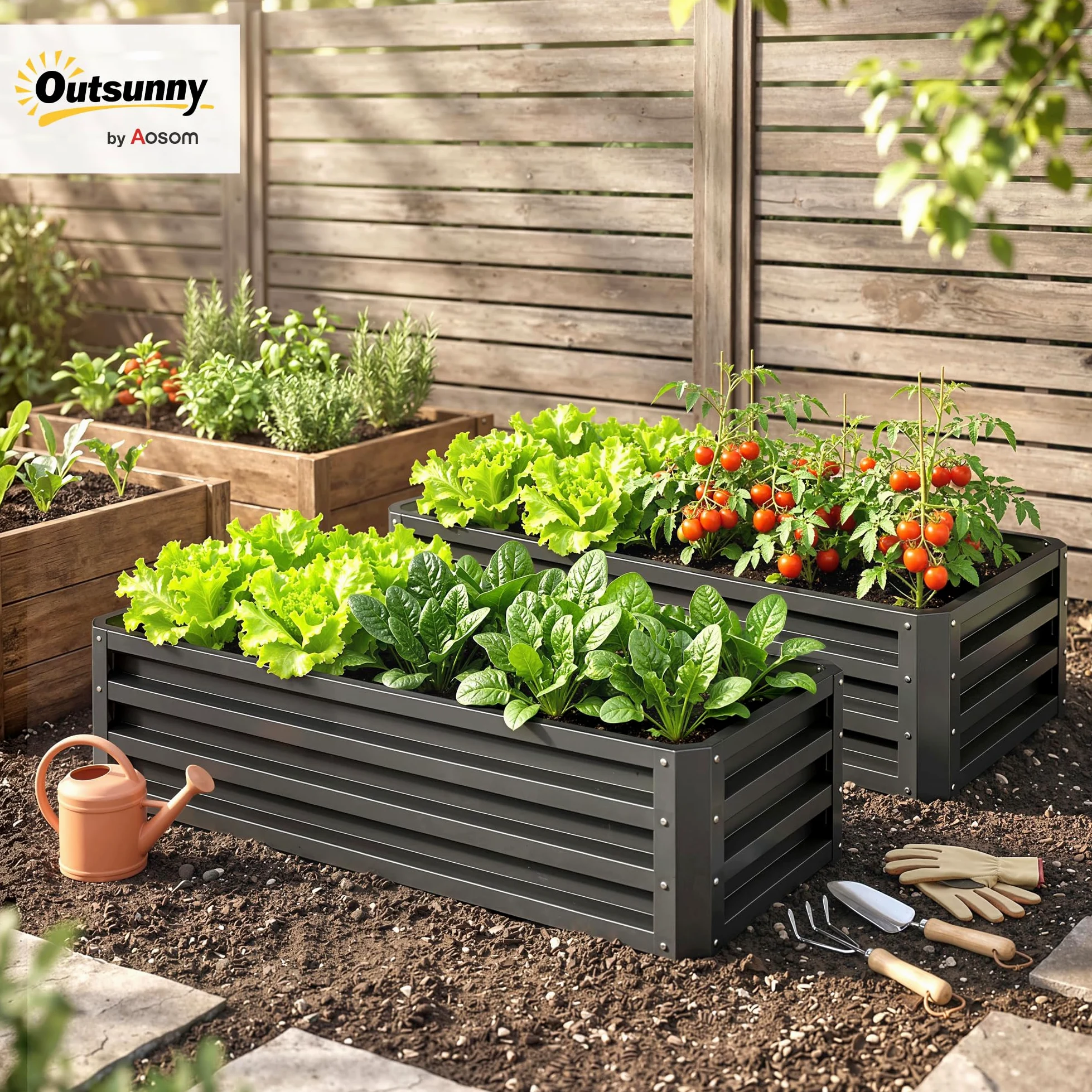 Outsunny Set di 2 aiuole rialzate, 110 x 50 x 30 cm, grigio scuro | Cassetta da giardino esterna, telaio in acciaio zincato, per ortaggi, fiori ed erbe aromatiche