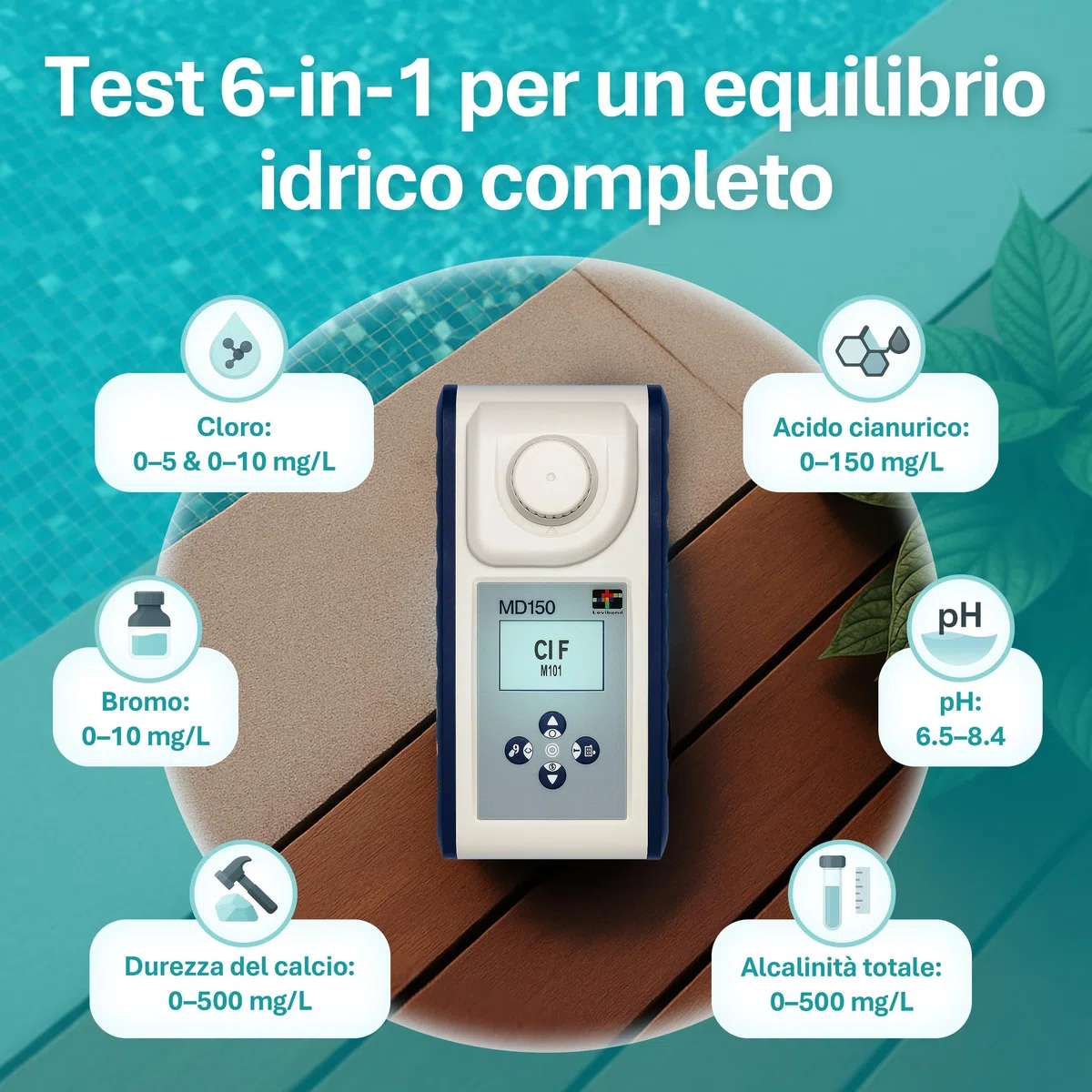 Lovibond MD150 Fotometro – Misuratore 6-in-1 per Cloro, pH, Bromo, Alcalinità Totale, Durezza e Acido Cianurico | Kit Analisi Acqua Multiparametrico con NFC e USB | App AquaLX, Impermeabile IP68