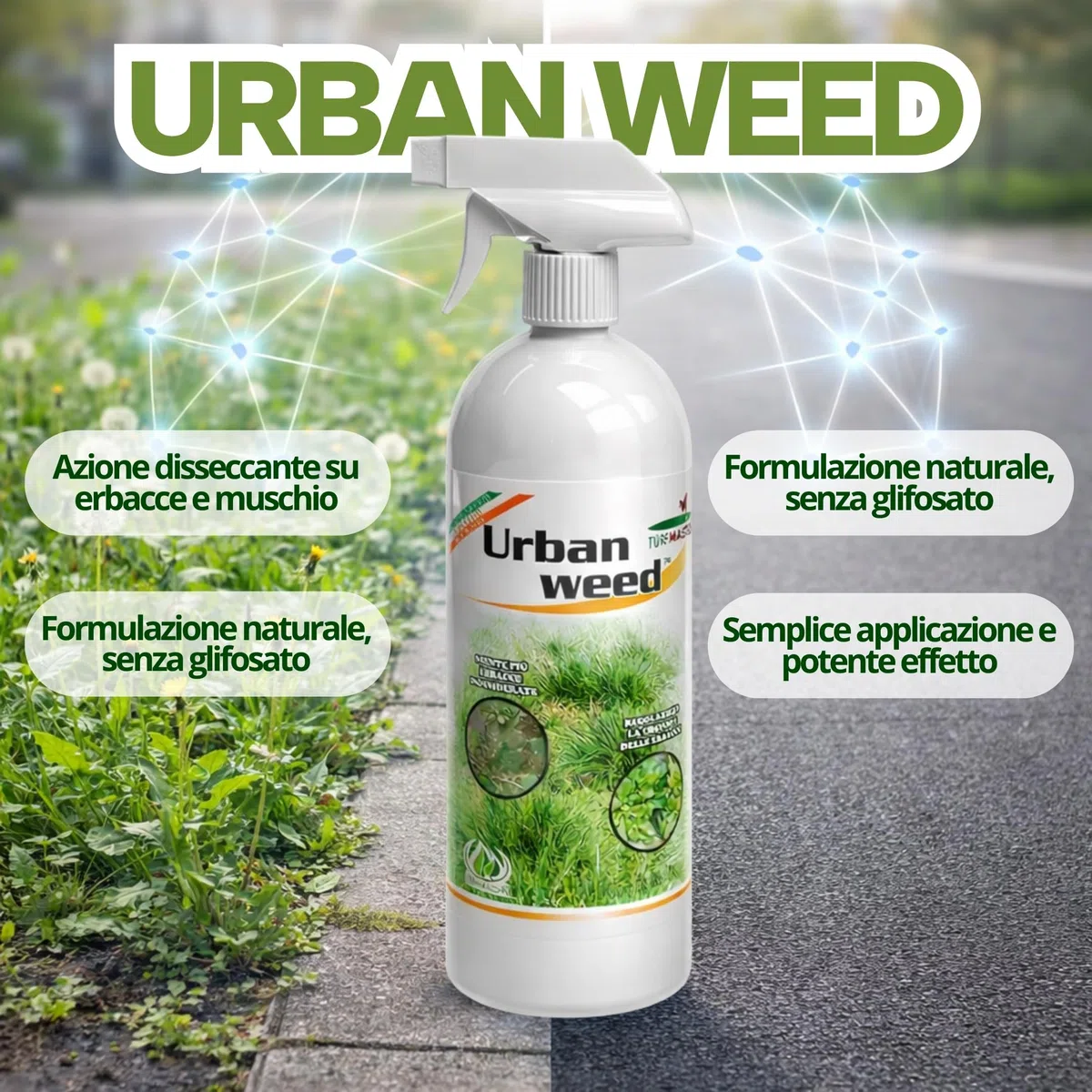 Dissecante per Erba Totale Spray Naturale 1L Alternativa al Diserbante Totale Potente, Senza Glifosato, per Erbacce, Muschio e Vegetazione Indesiderata Pronto all’Uso Eco-Sostenibile