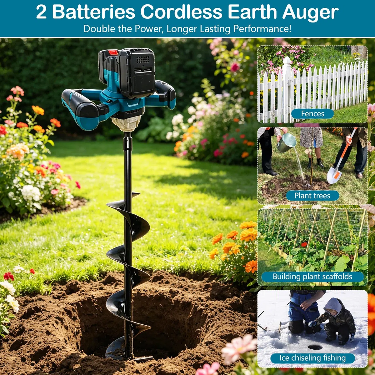 Trivella a Batteria, Trivella di Terra Professionale con 1200W Motore Senza Spazzole, Senza Testa, per Costruzione di Recinzioni, Giardino, Agitatore per Malta (Batteria e Caricabatterie Inclusi)