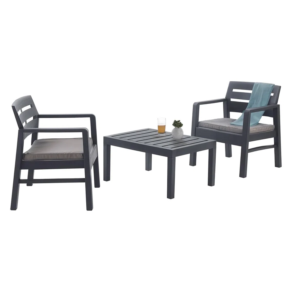 Dmora - Set Salotto da Esterno Benevento, Composizione da Giardino con 2 poltrone e 1 tavolino, Salottino Indoor e Outdoor con Cuscini, 100% Made in Italy, Antracite
