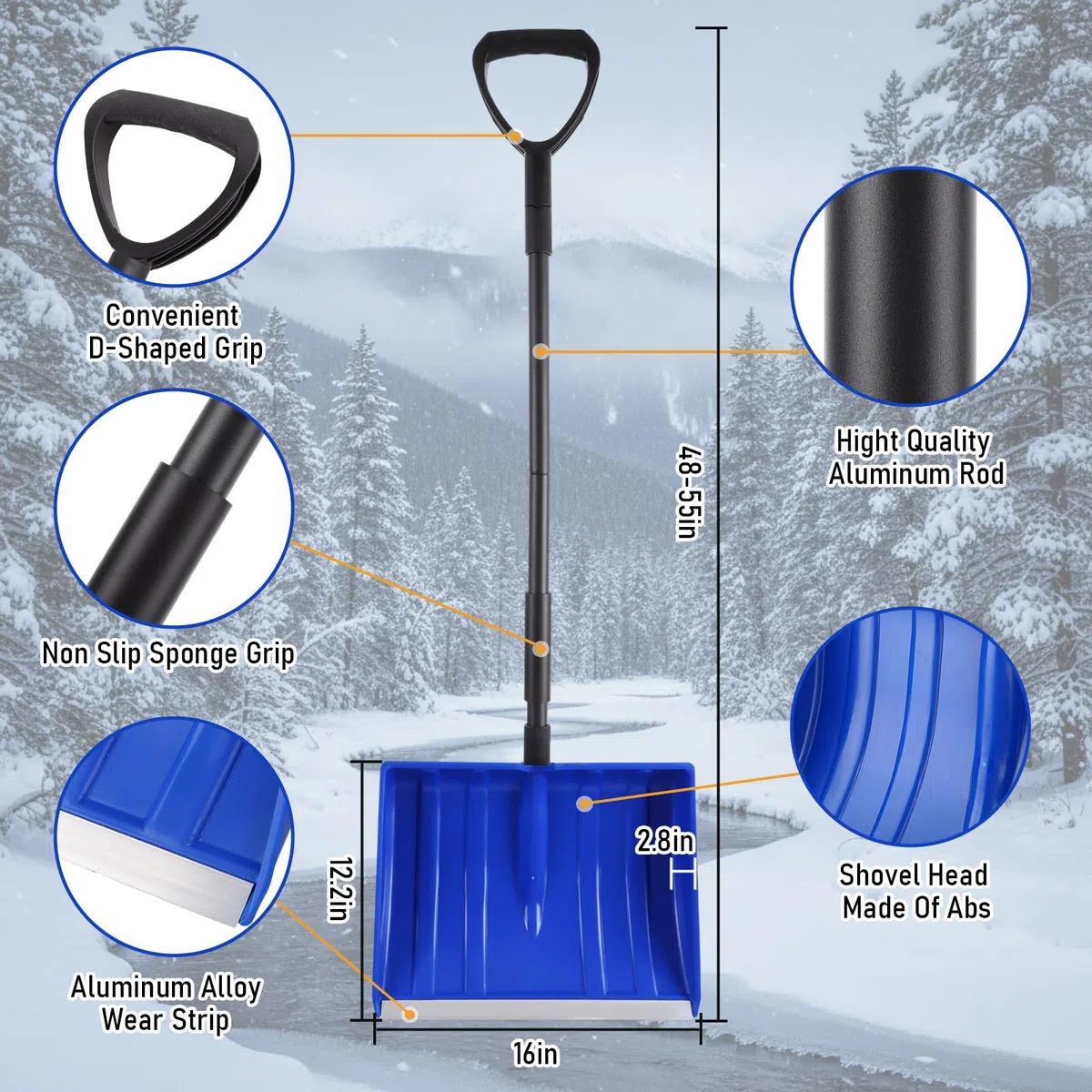 Lasnten 4 pala da neve per vialetto, lunga 122 cm, portatile, grande capacità, con impugnatura a D, in metallo resistente, pieghevole, strumenti invernali per auto, vialetto, casa, garage