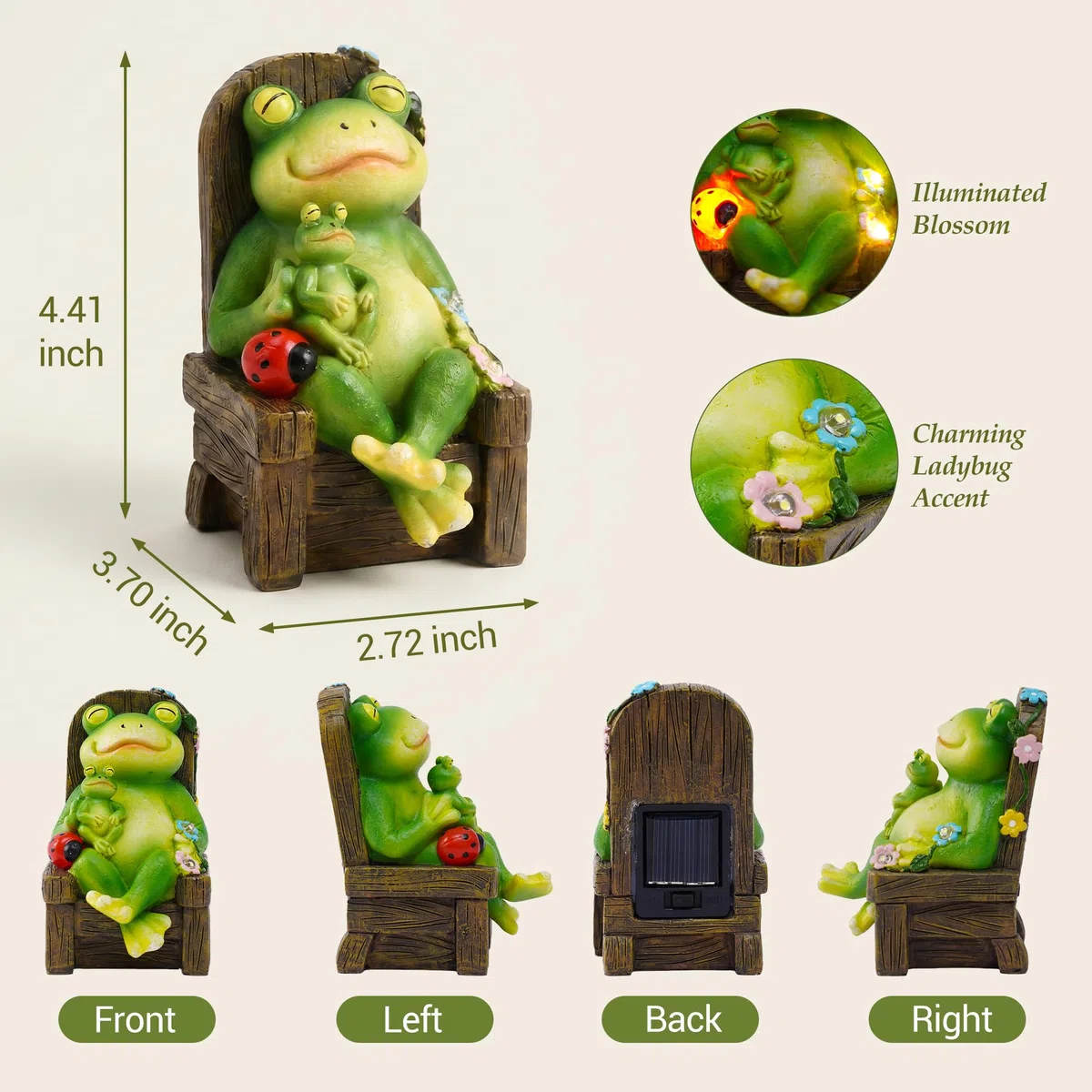 Yeomoo Statuette da giardino a energia solare con coccinelle e fiori, decorazione da giardino per esterni, divertente rana madre con bambino su sedia a dondolo, decorazione per soggiorno, giardino