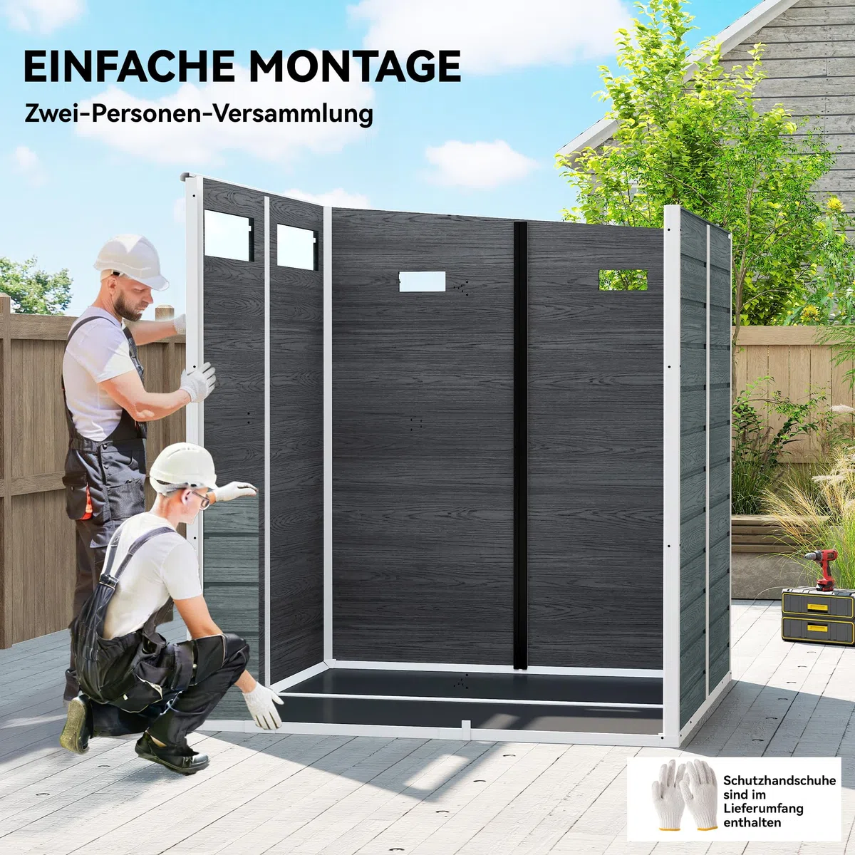 Outsunny Casetta per attrezzi 2,89 m² con effetto legno, 3 finestre 182 x 182 x 196 cm, in plastica, capanno da giardino con ventilazione, guanti di blocco, per attrezzi, bicicletta, grigio