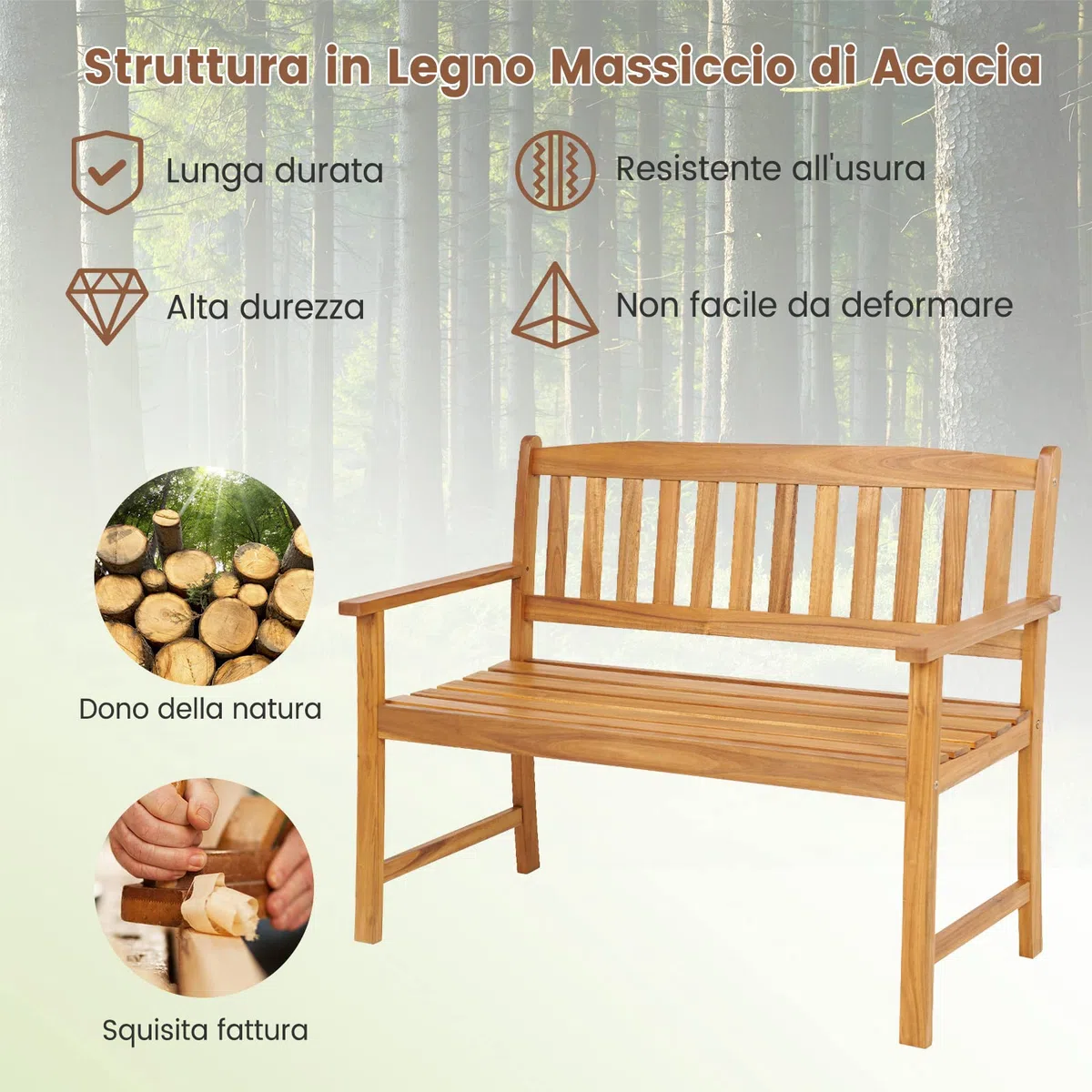 COSTWAY Panchina da Esterno in Legno di Acacia, Panchina con Schienale, Braccioli e Sedile a Doghe, Panchina da Giardino, Balcone e Cortile, Portata 360 kg (110 x 56,5 x 86 cm)