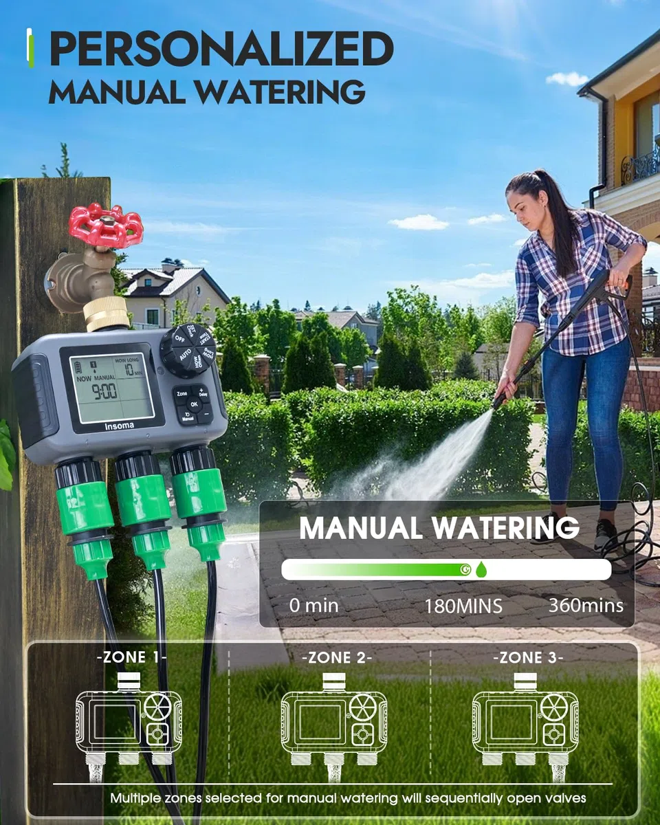 Insoma Timer irrigatore a 3 zone con ingresso in ottone + impermeabile IPX5 | Modalità di irrigazione automatico/manuale programmabile con ritardo pioggia e grande LCD | Timer per tubo dell'acqua 3
