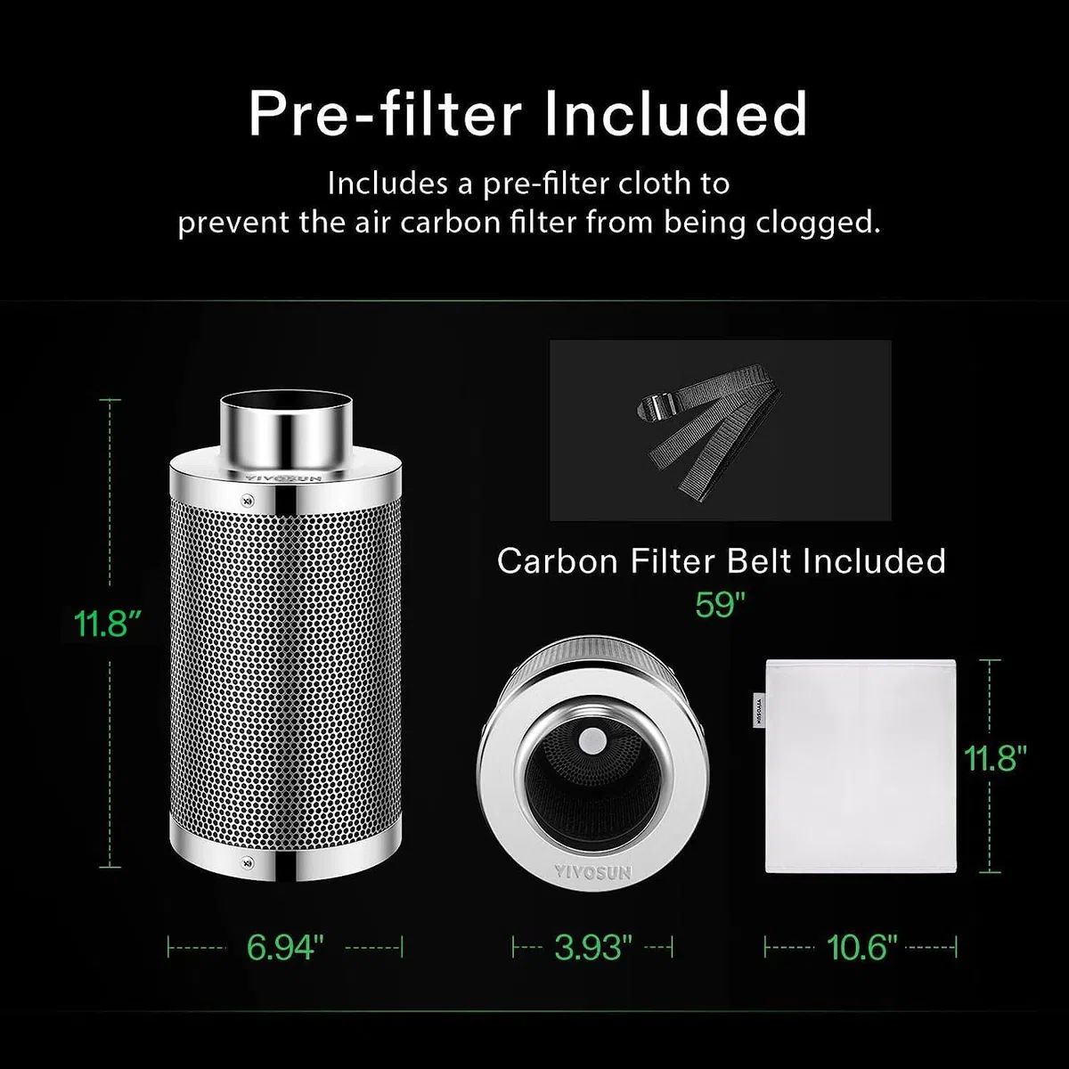 VIVOSUN Filtro A Carbone Attivo 100mm 4 Pulgadas Control De Olores con Carbón Australiano para Extractor Ventilación Grow Tent Cultivo Interior Invernadero con Prefiltro