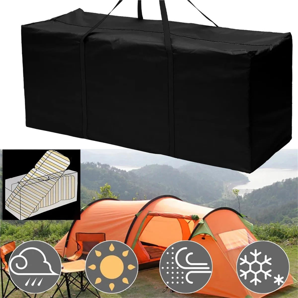 Organizer for mobili da giardino for esterni, borsa portaoggetti for cuscini, impermeabile, resistente, in tessuto Oxford antistrappo Per Cuscini(Gery 173X76X51cm)