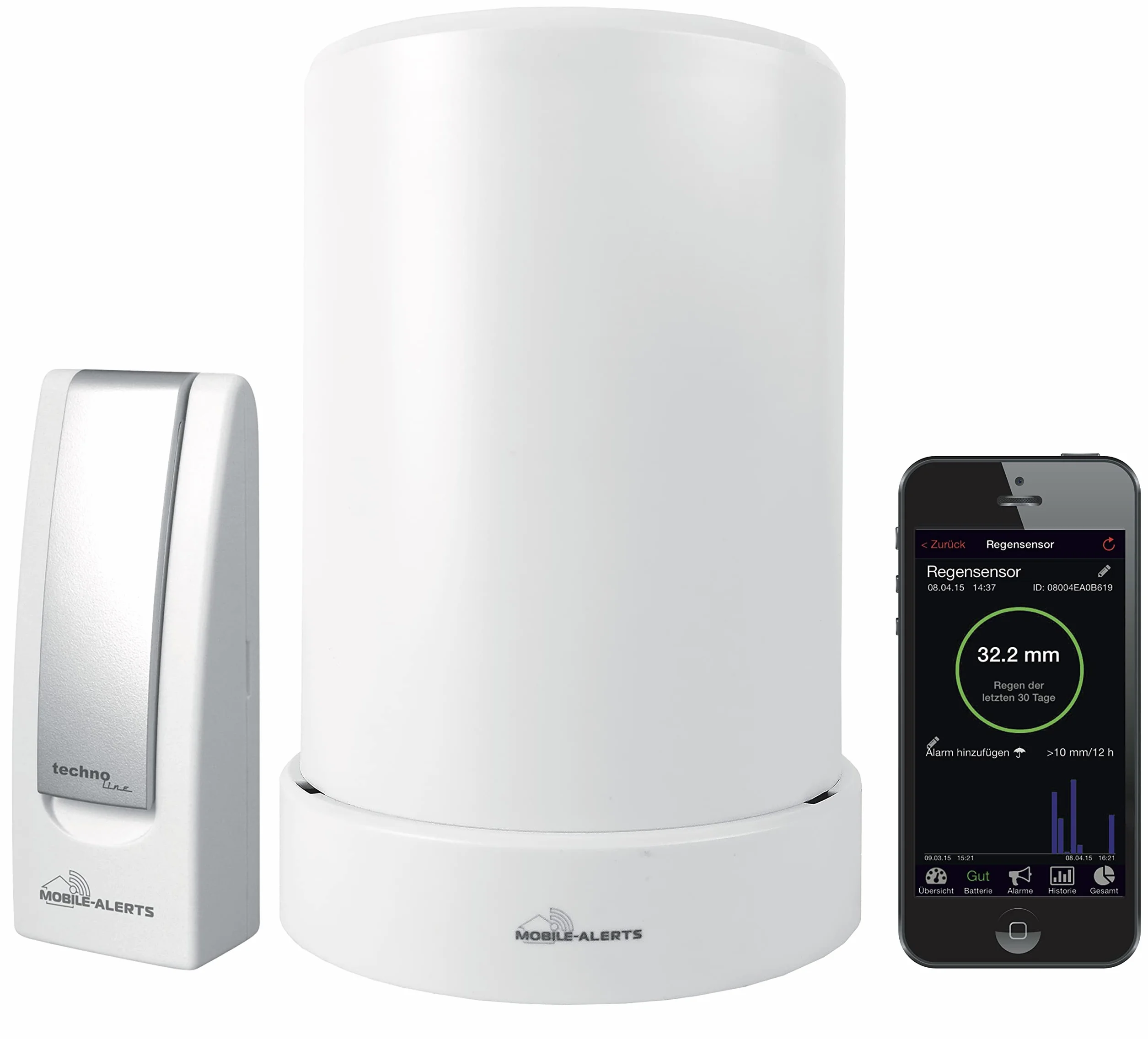 Technoline MA 10040 - Pluviometro completo, gateway e sensore di pioggia radio con app gratuita per smartphone, colore: Bianco
