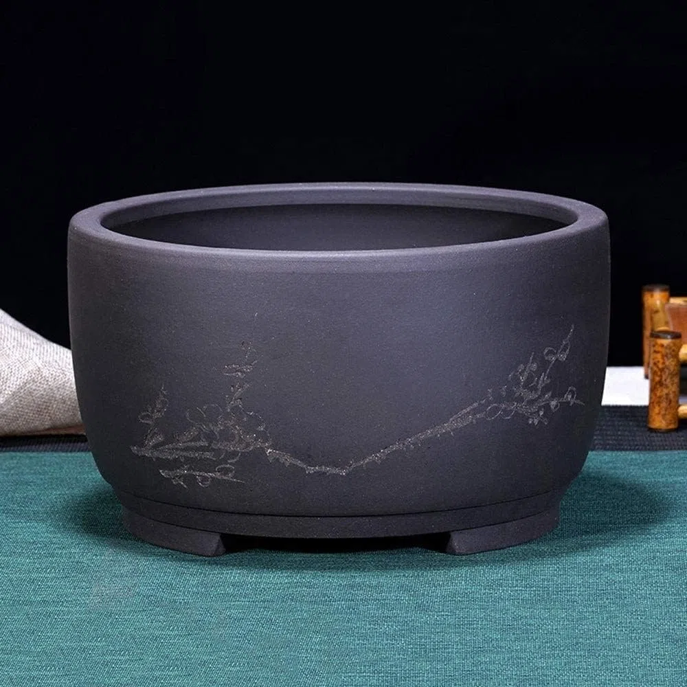 Generico Vaso bonsai tradizionale cinese in ceramica nera opaca con foro di drenaggio, fioriera rotonda floreale incisa for piante grasse da interno, decorazioni for la casa