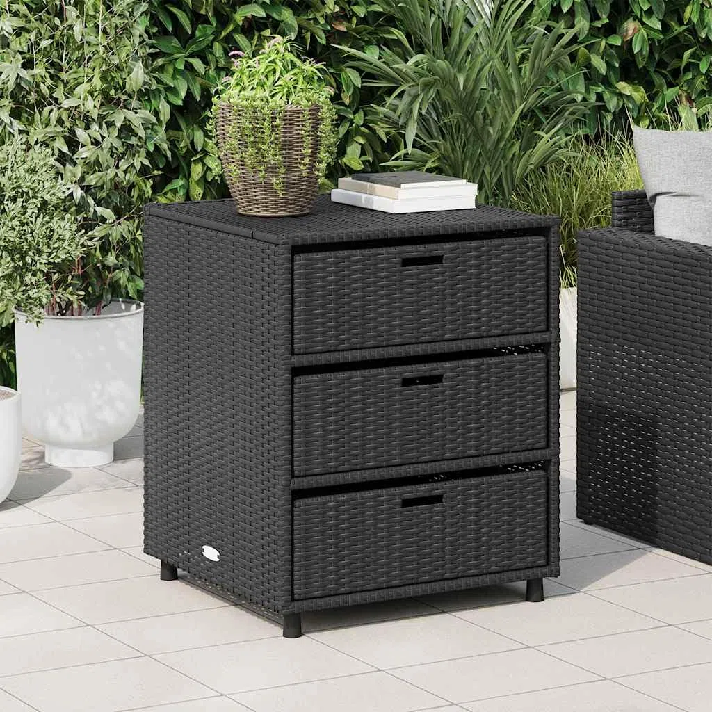 Armadio da giardino nero in polyrattan, 55 x 59 x 69 cm, con 3 cassetti, telaio in acciaio verniciato a polvere, contenitore per esterni, per giardino, piscina, terrazza, impermeabile e