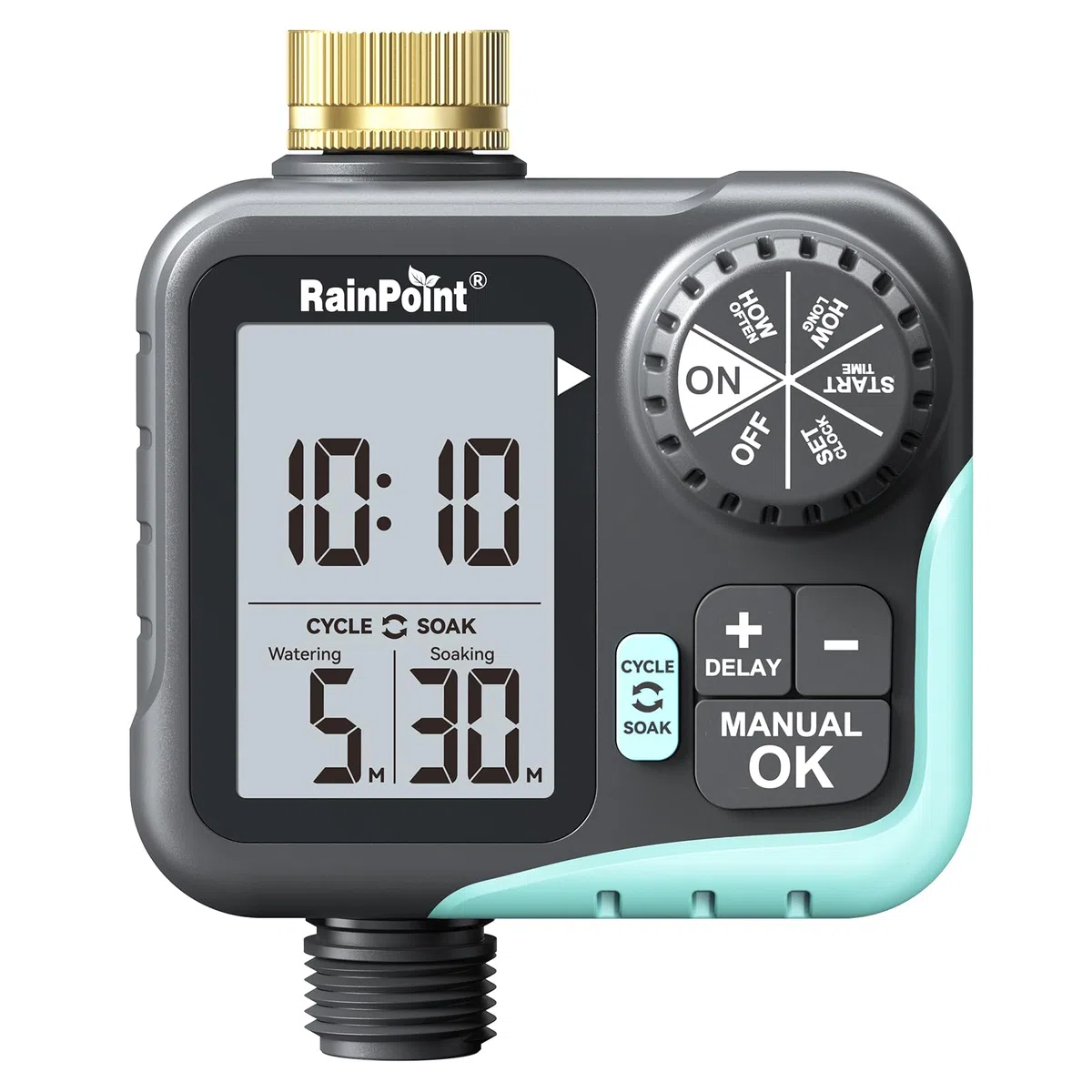 RAINPOINT Timer irrigatore per tubo da giardino, timer con ciclo e ammollo/ritardo pioggia/irrigazione automatica/irrigazione manuale, sistema di irrigazione programmabile con ampio display per prato