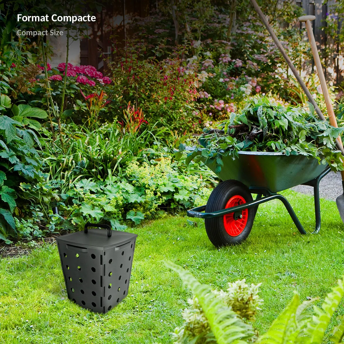 Compostiera da Giardino 17 L - Contenitore per Composto per rifiuti organici - Secchio da esterno con Coperchio - Fabbricazione concime 100% naturale - 35 x 28 x 28 cm - Plastica - Grigio