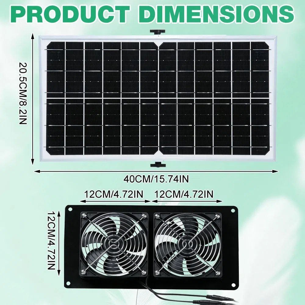 Ventilatore solare da 16 W, con due pannelli solari IP67, impermeabile, doppia ventola DC per pollaio, serre, capanni, cucce per animali domestici, aria di ingresso o scarico (metallo)
