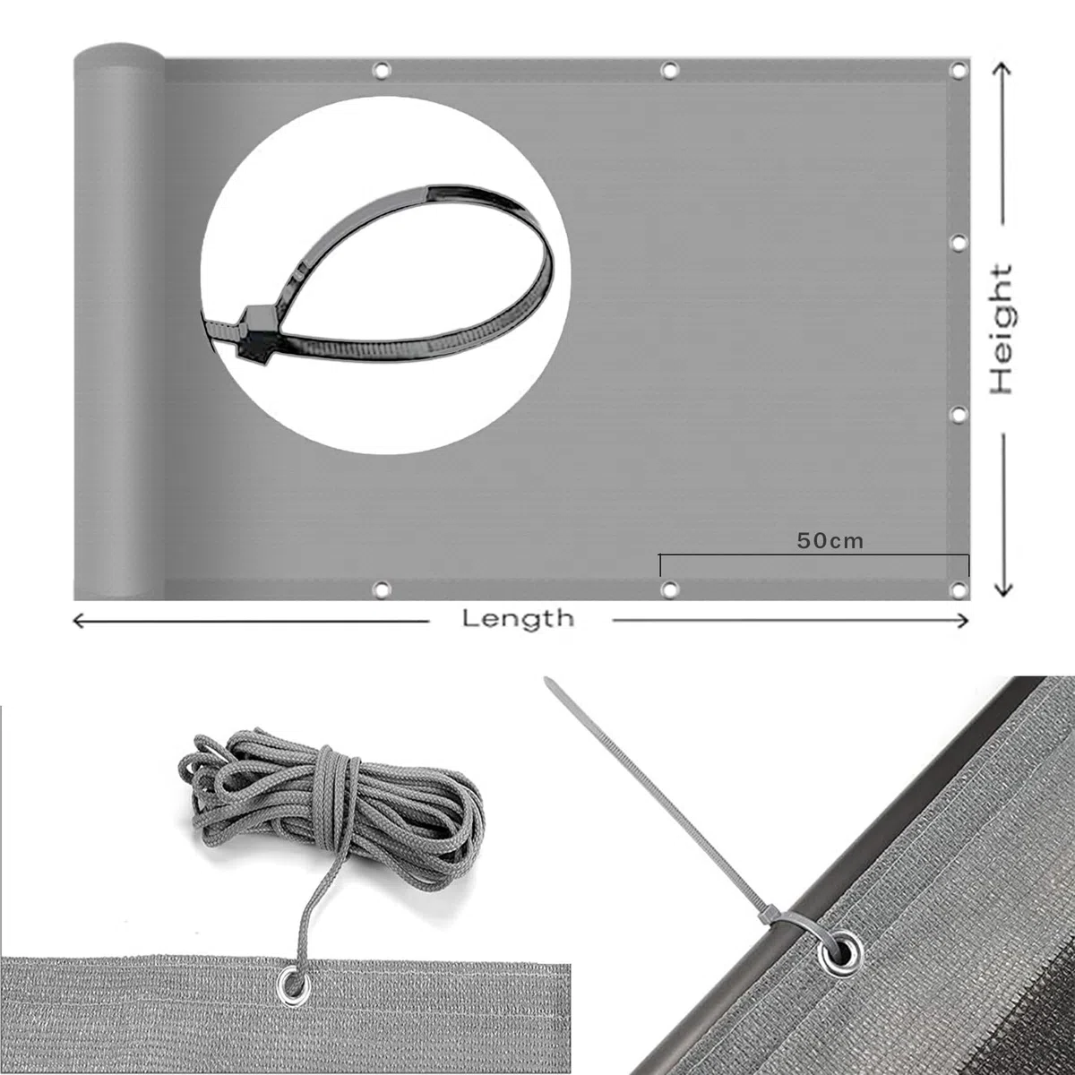 Telo Copri Ringhiera Balcone 95 x 500 cm Protezione Della Privacy, Frangivento, Anti-Uv, Agenti Atmosferici Telo Ombreggiante Recinzioni con Corde Fascette per Patio, Giallo sabbia