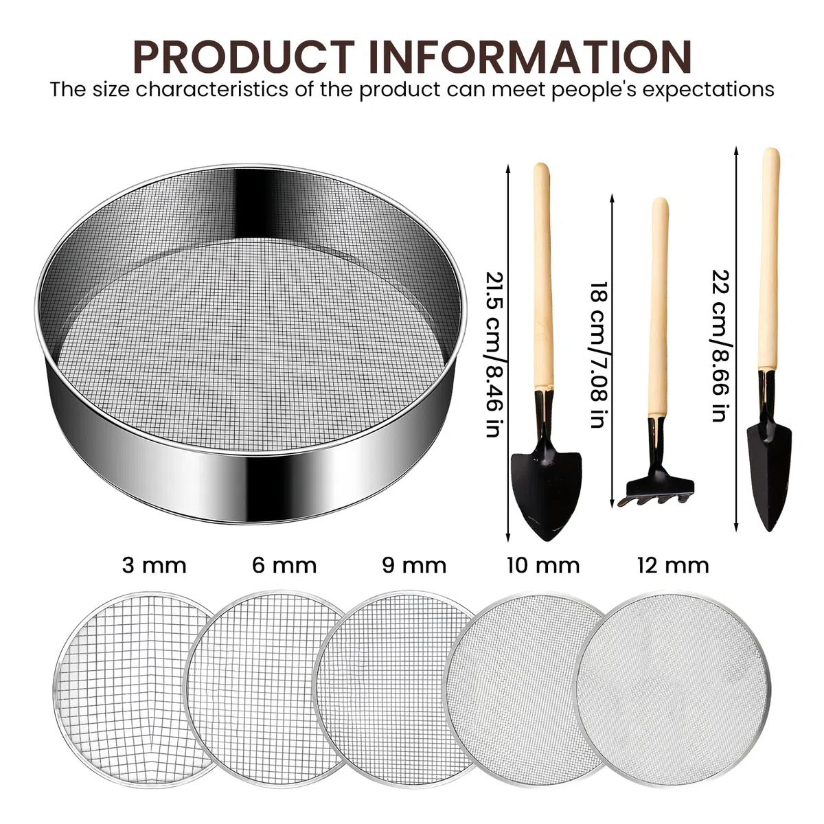 BORDEAG Setaccio da Giardino Rotondo,20 Cm Setaccio da Giardino in Acciaio Inox con 5 Inserti Intercambiabili 3,6,9,10,12 mm E Pala,Setaccio per Terreno Rotondo,Setaccio Rotondo da Giardino per Terra