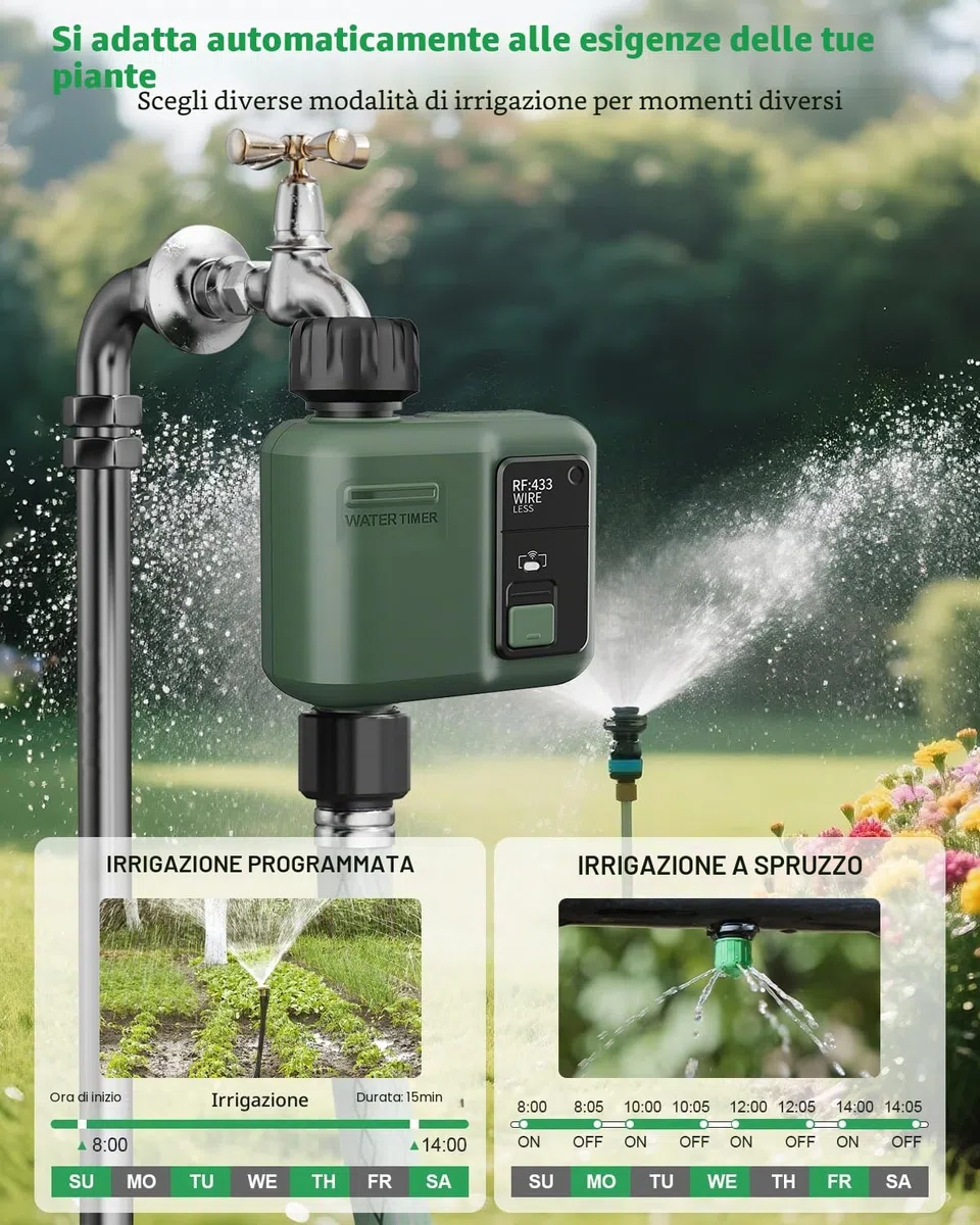 Sistema di Irrigazione Intelligente RF433 e WIFI Automatica 1 Vie Timer Irrigazione a Batteria da Esterno per Giardino Prato Orto