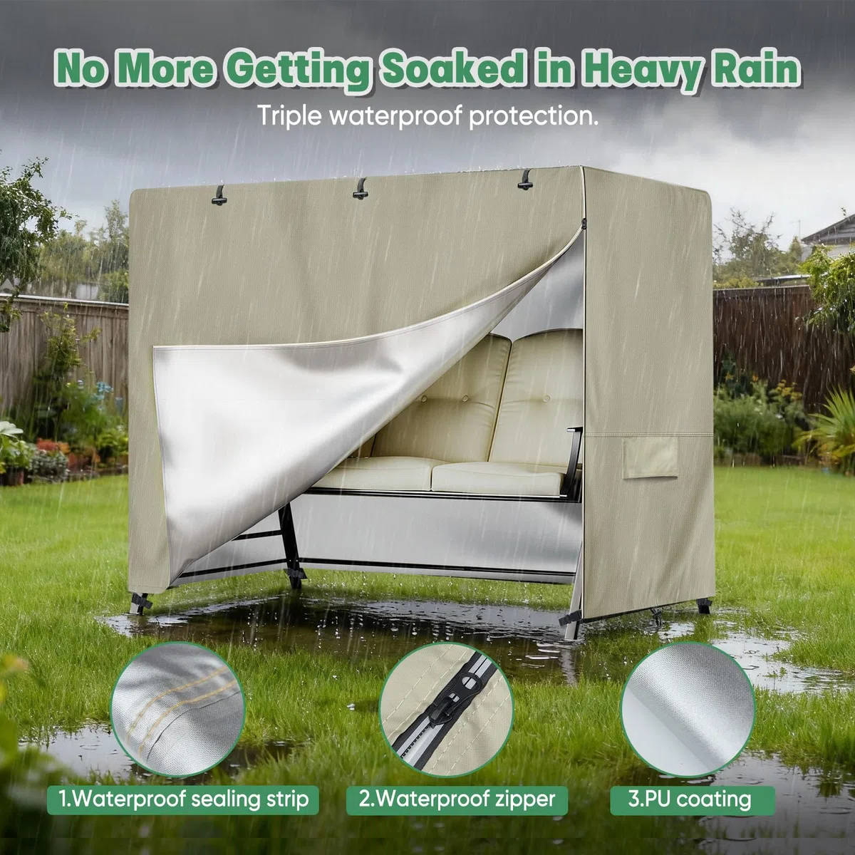 NEVERLAND Copertura Dondolo 3 Posti - Copertura Altalena Impermeabile, Antivento Antipolvere, Tessuto Oxford 420D Anti-UV, Telo Copri Dondolo da Esterno, per da Giardino Swing, 220x150x150CM, Kaki