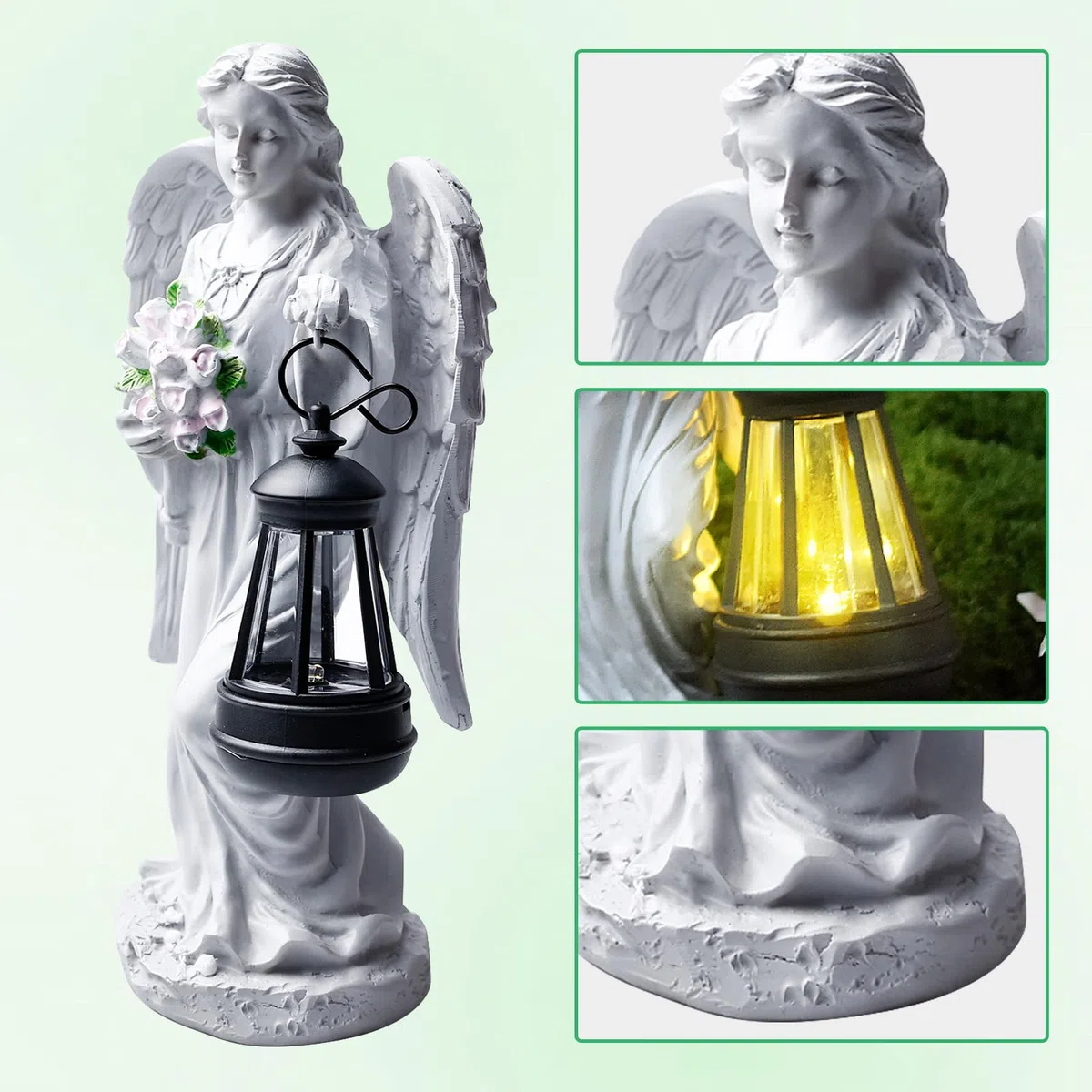GOMETY Statue da giardino a forma di angelo custode con lanterna solare a LED, decorazione per esterni, scultura d'angelo, decorazione per prato, cortile, terrazza, davanzale