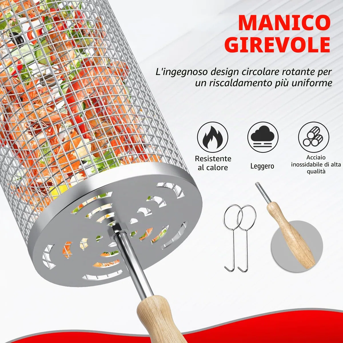 Cestelli per Barbecue in Acciaio Inossidabile Accessori Barbecue (2PCS), Manico in Legno Rimovibile, per Verdure Carne Cibo di Mare, Regali di Compleanno per Uomini, Papà, Marito