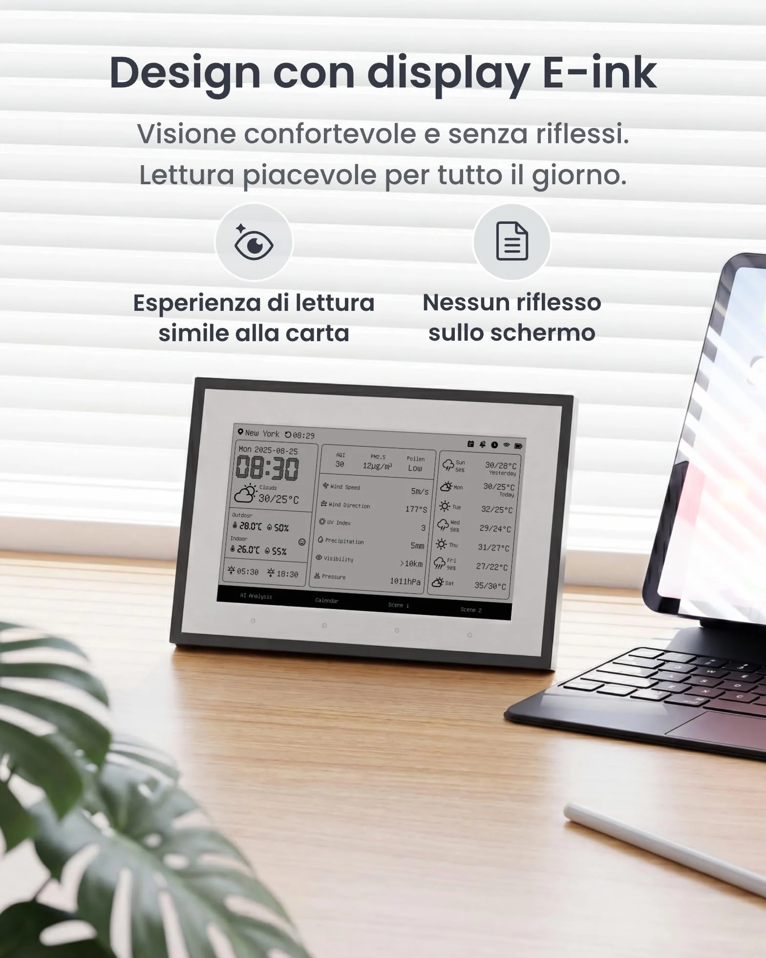 SwitchBot Smart Dashboard domestica E-Ink, Monitor wireless 7,5” per temperatura e umidità interne/esterne con calendario, Wi-Fi 2,4GHz e BLE, compatibile con Google, iCloud, Outlook