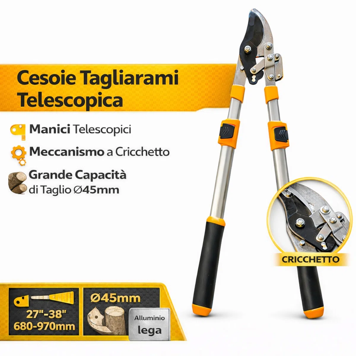 Topolenashop Cesoie Troncarami Telescopiche a Cricchetto 27-38” (680-970 mm) – Forbici Potatura Professionali con Manici in Alluminio per Rami Fino a 45 mm | 351393