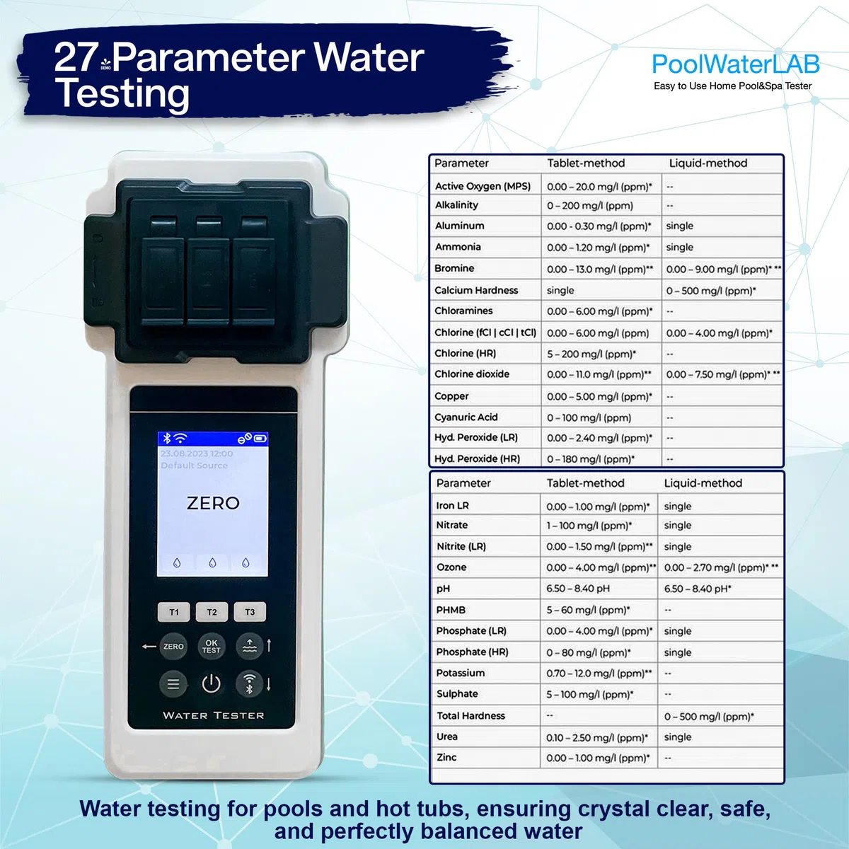 PoolLAB 2.0 - Edizione Speciale Tester per l'Acqua Analizza 27 Parametri dell'Acqua - Fotometro Elettronico per Test dell'Acqua - Analisi Completa e Professionale per Piscine e Idromassaggi - con 70