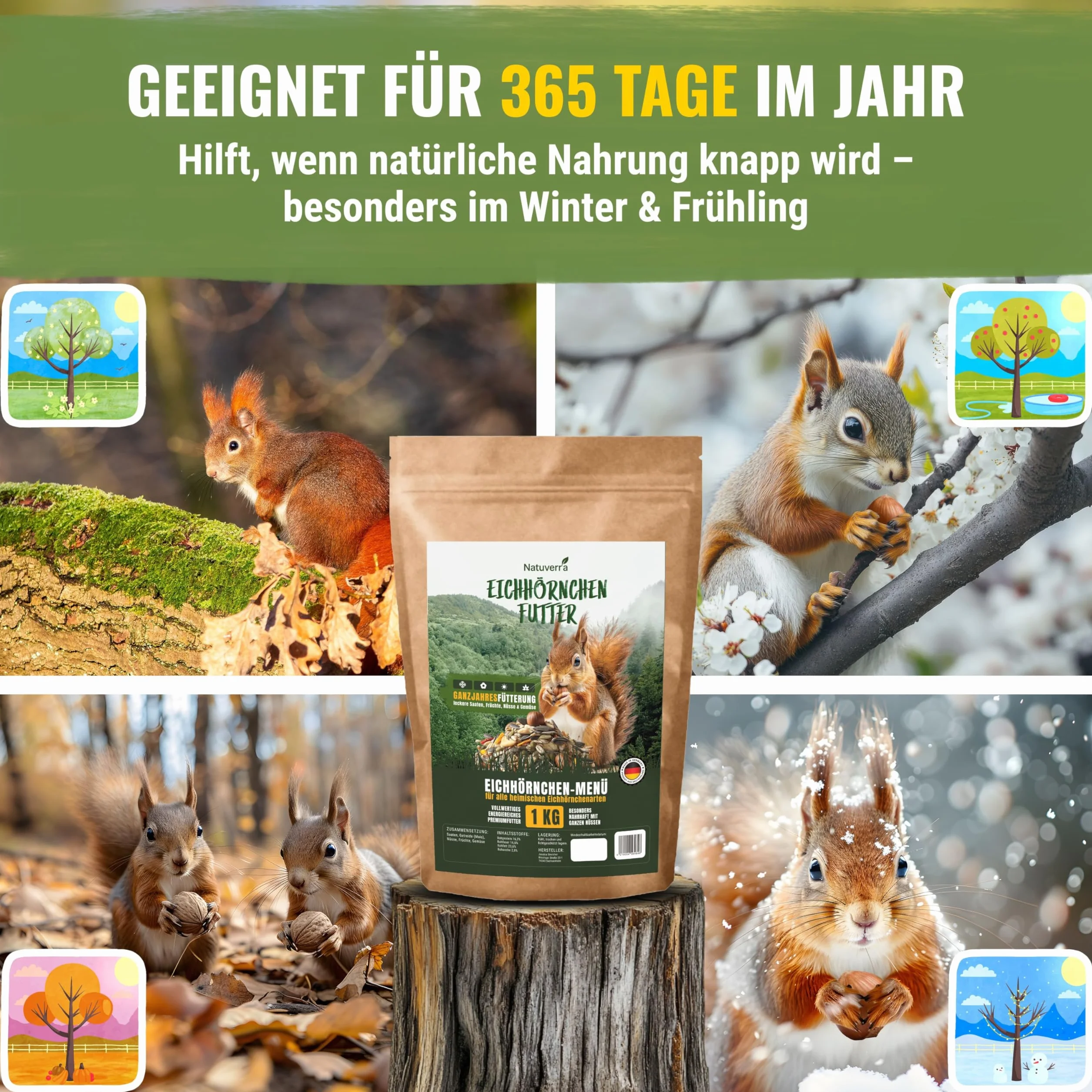 Menù per scoiattolo, 1 kg, mix premium di semi, cereali, noci, frutta e verdura, ricco di proteine ed energia, cibo tutto l'anno per scoiattoli e scoiattoli, richiudibile