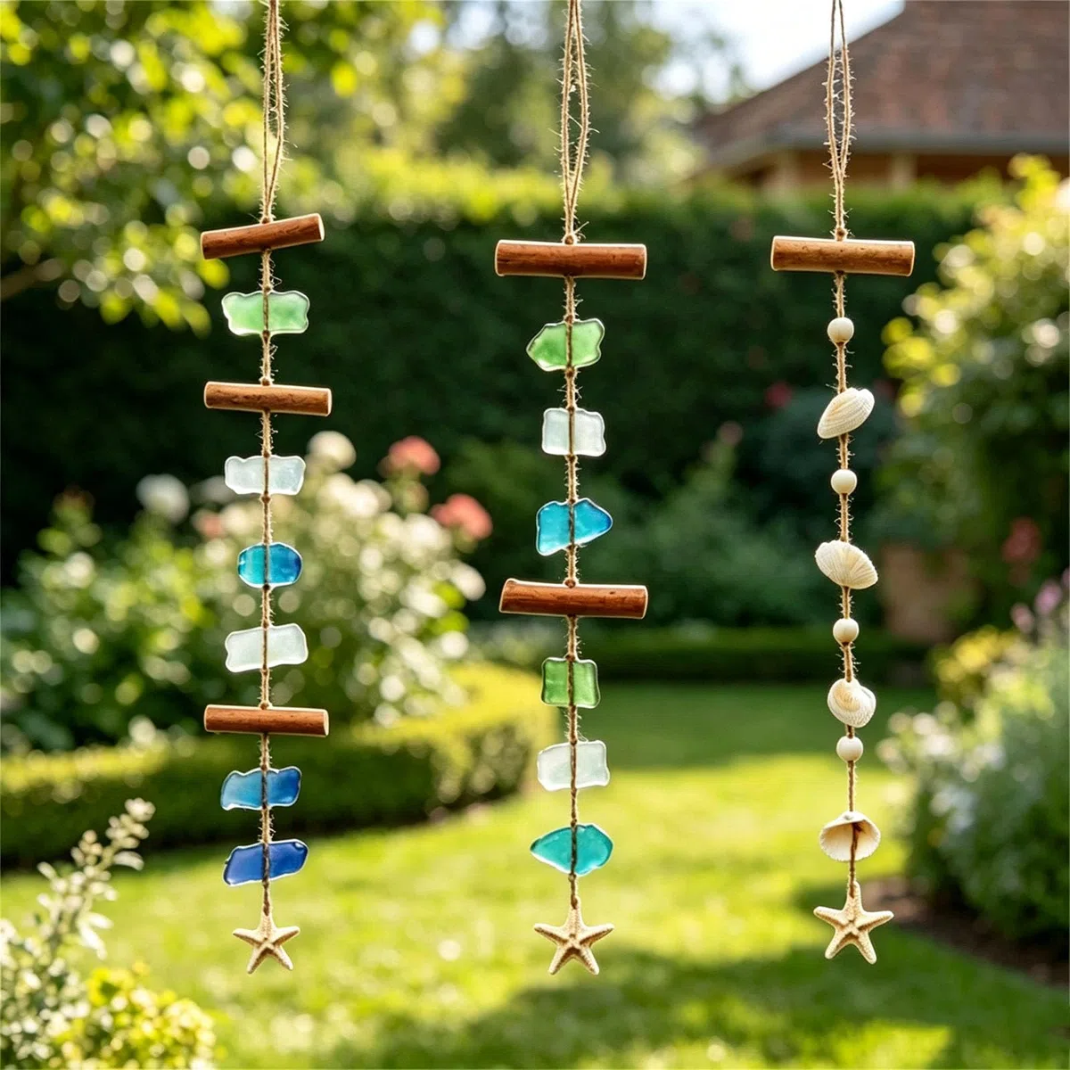 Conchiglie artistiche in vetro di mare e bastone di legno scacciapensieri costieri decorazione da parete per veranda patio decorazione scacciapensieri a tema spiaggia