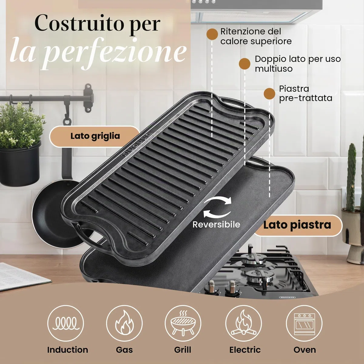 Piastra in ghisa per piano cottura a gas e grigliate su due lati, pre-stagionata, per una cucina sana e deliziosa, superficie piatta e scanalata, 50 x 25 cm