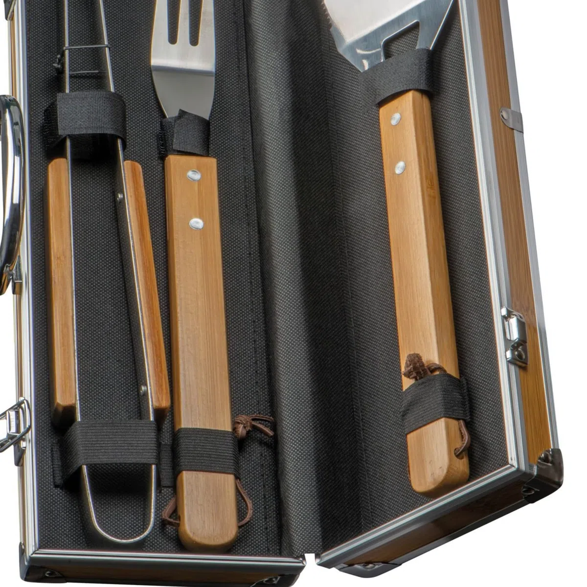 Set di 3 posate per barbecue, in valigetta in metallo effetto bambù, con pinza, forchetta e paletta per barbecue