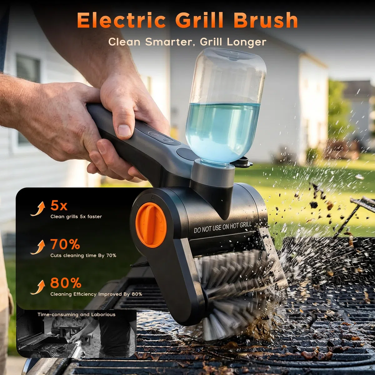 Pulisci Griglia BBQ Elettrico 100W con Flacone Spray – Ricaricabile 7,4V, 2 Velocità, 90 Min di Autonomia, IPX8 Impermeabile – Spazzola Elettrica per Barbecue Pulizia BBQ con Scatola Portautensili