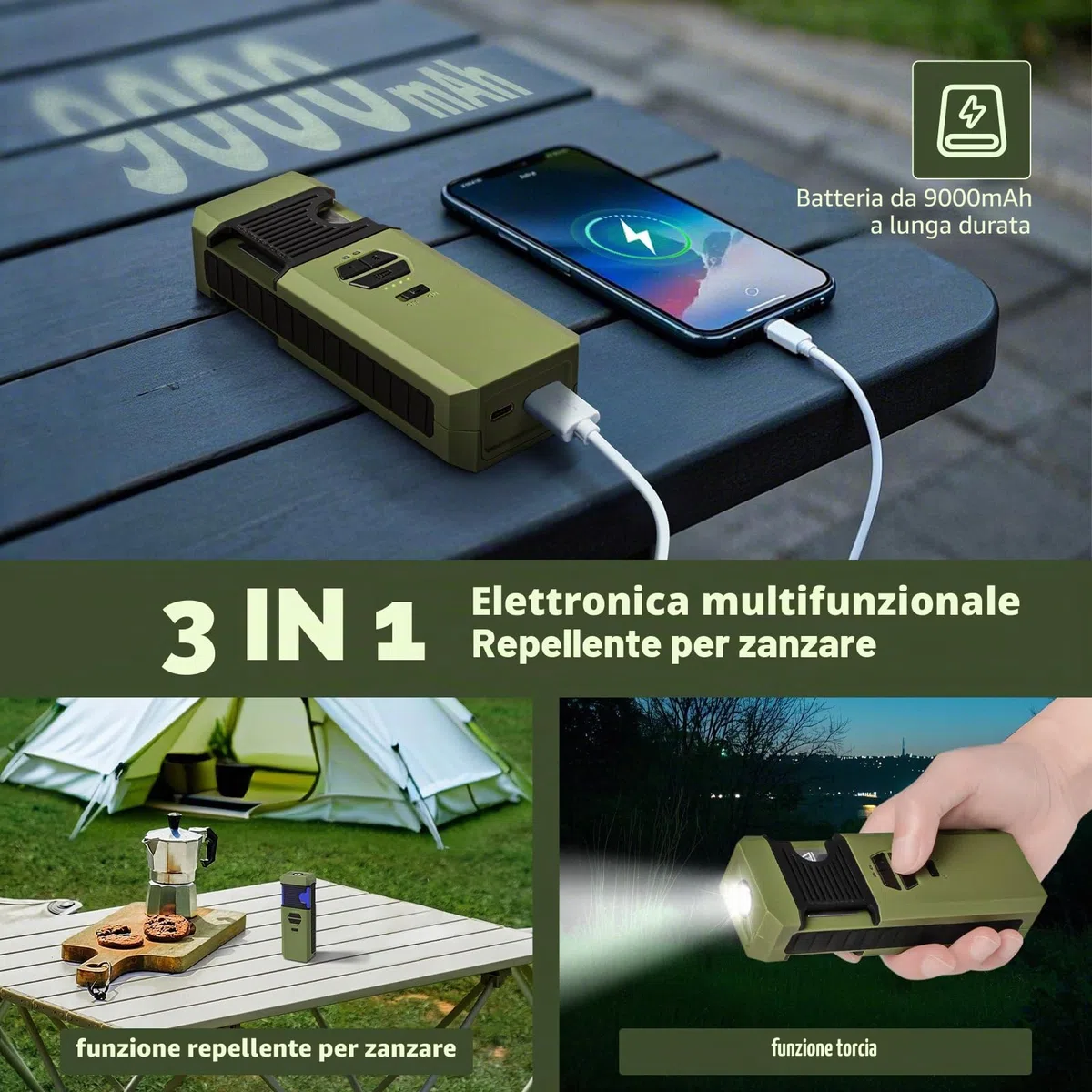 WhiteRhino 3-IN-1 Dispositivo Repellente per Zanzare da Esterno con Torcia, Repellente Elettrico con Riscaldamento a Doppia Faccia, IP67 Impermeabile, Batteria 9000mAh, per Patio, Viaggi (Verde)