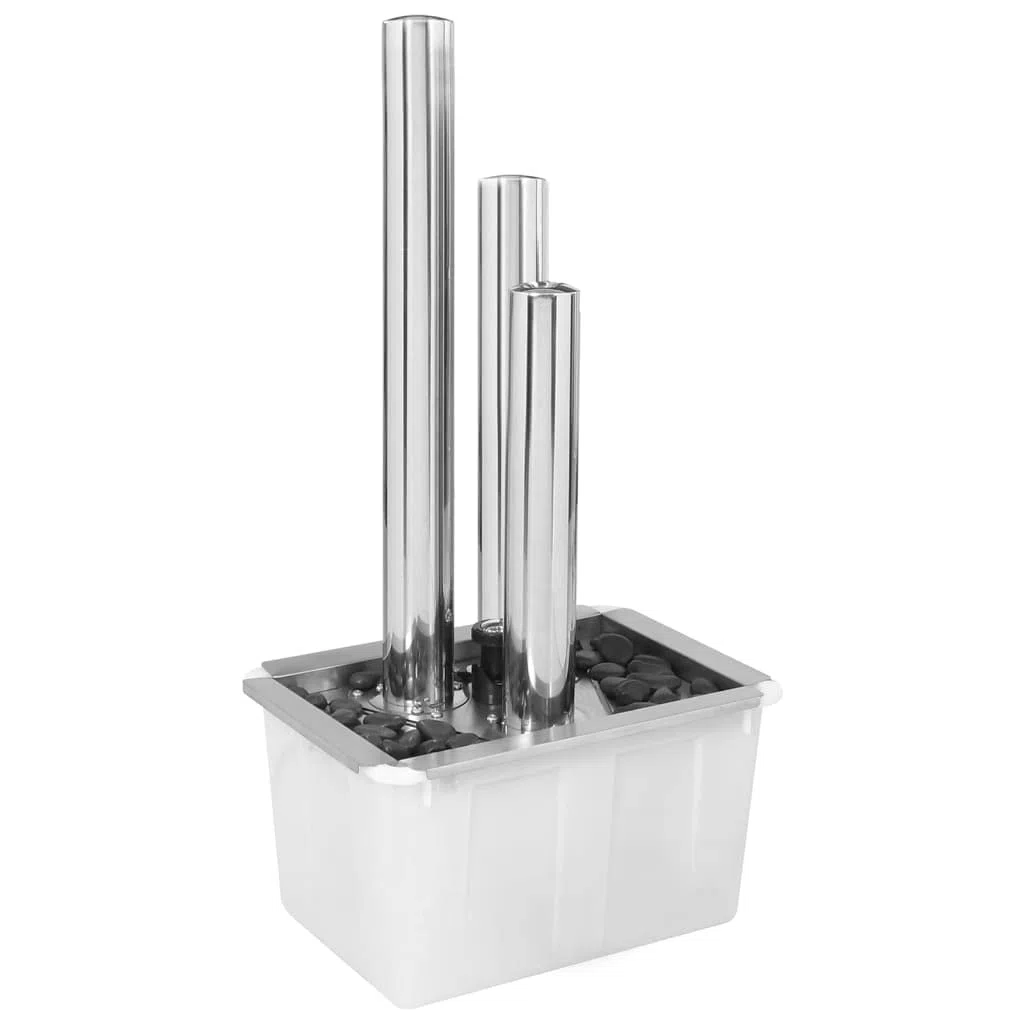 Mangloder Fontana da giardino argentata in acciaio inox, 48 x 34 x 88 cm, con illuminazione a LED, pompa e vasca da 50 l, gioco d'acqua con cascata, per giardino, terrazza, balcone, interni ed esterni