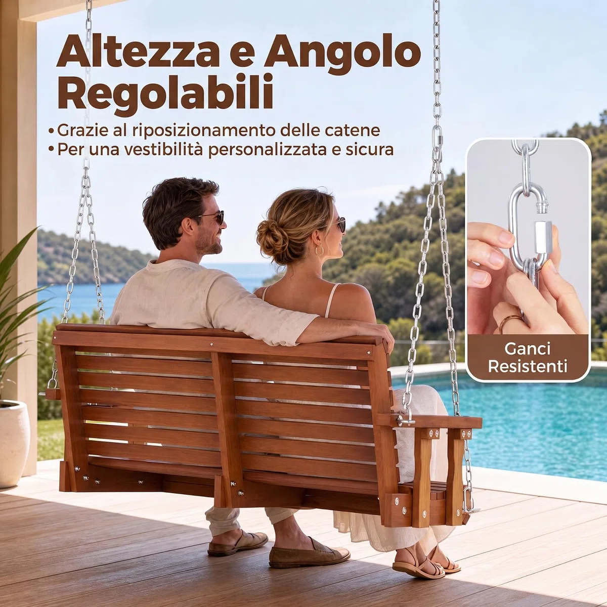COSTWAY Altalena da Giardino a 2 Posti, Panca Sospesa in Legno | con Altezza Regolabile, Schienale Ergonomico e Sedile a Doghe, Panchina da Appendere per Giardino e Cortile, Portata 300 kg