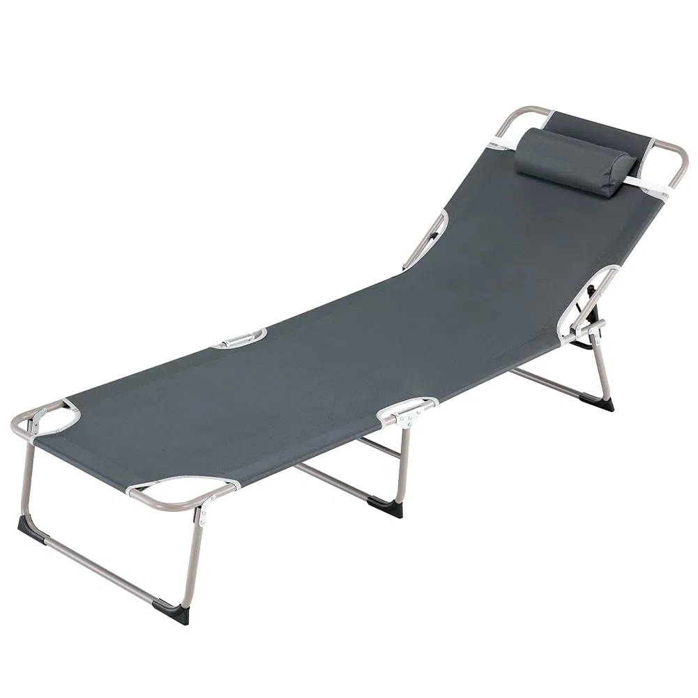 BAKAJI Lettino Prendisole da Spiaggia Grigio Pieghevole con Schienale Reclinabile, Sdraio con Struttura in Acciaio e Rivestimento in Tessuto Oxford Traspirante, Ideale per Mare, Giardino, Terrazzo