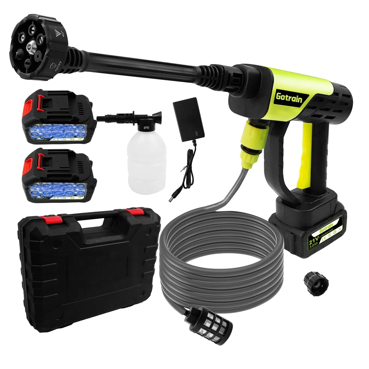 Rondella ad alta pressione 21 V, 30 bar, pistola portatile con 2 batterie ricaricabili 3,0 Ah, ugello multifunzione 6 in 1, tubo 5 m, pulizia e irrigazione auto