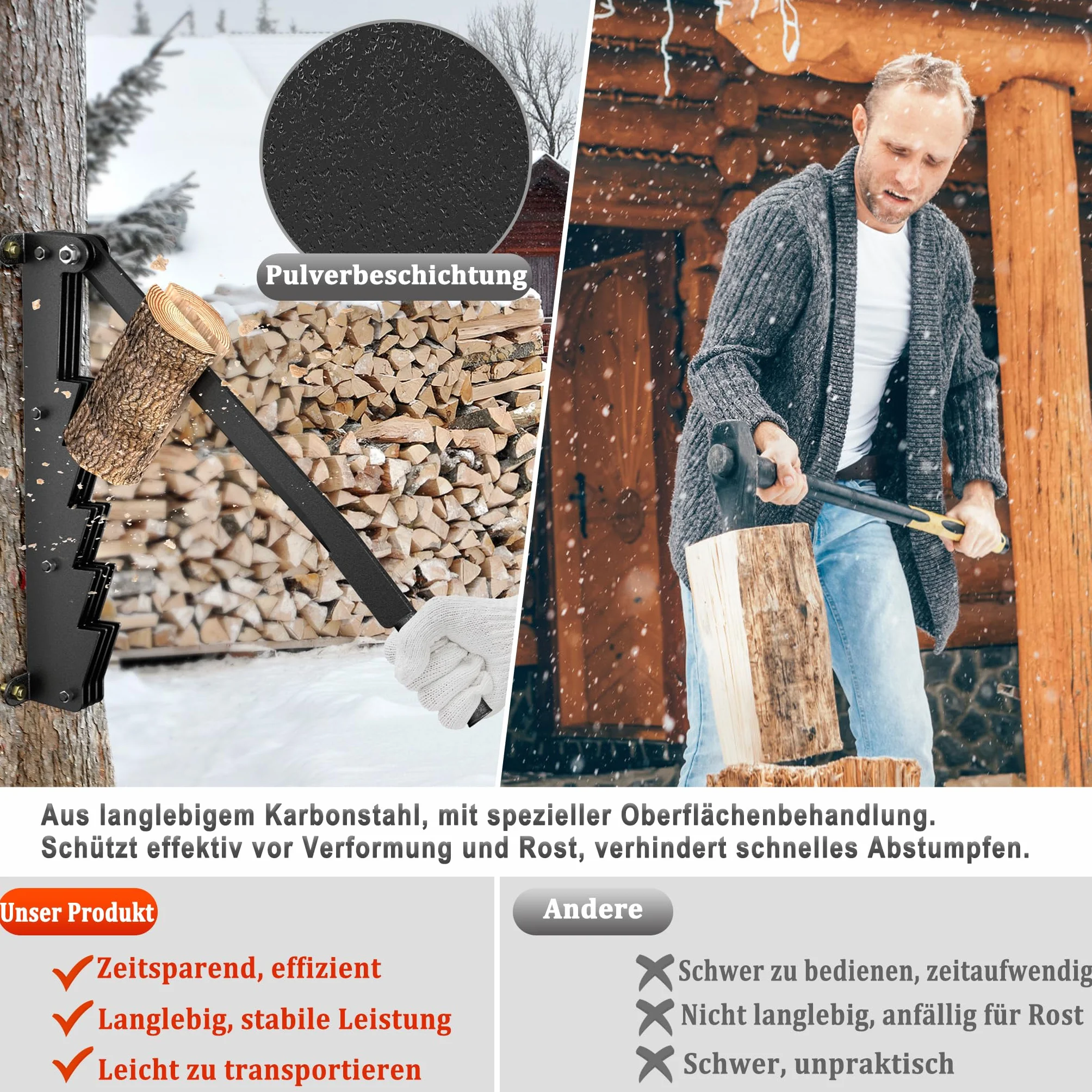 UISEBRT Spaccalegna manuale in acciaio al carbonio, accendino per legno da parete, coltello a tagliola, spaccalegna con guanti antiscivolo e borsa per legna in feltro, per uso interno ed esterno