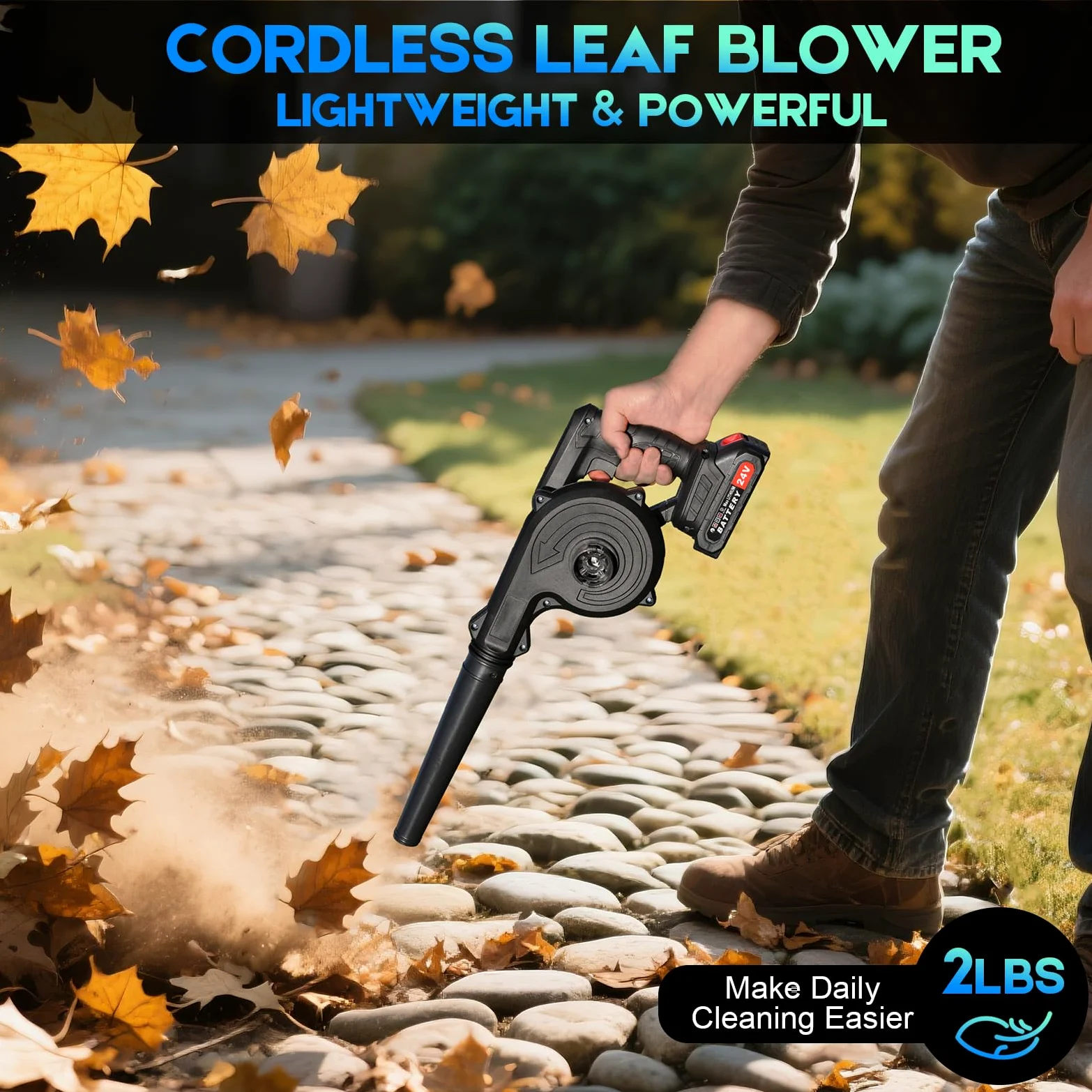 Soffiatore a Batteria Senza Fili 24V – Motore Brushless, 2 Batterie 2000mAh Incluse + Caricabatterie – Leggero e Portatile, per Giardino, Terrazza, Garage, Neve, Polvere e Peli di Animali(Nero)