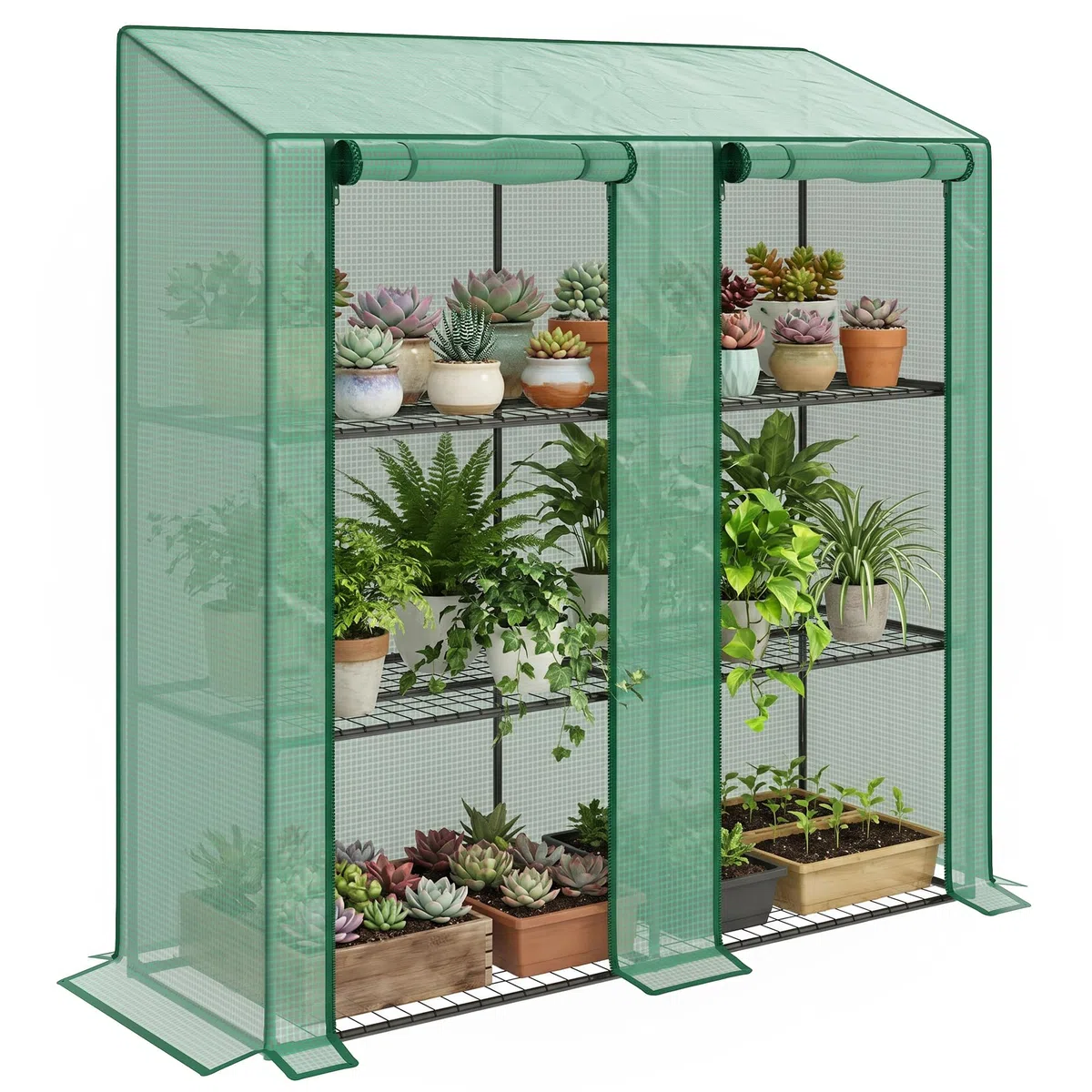 Outsunny Serra da Giardino con Copertura in PE e 6 Mensole a Rete, Serra Addossata da Balcone con 2 Porte Avvolgibili, 143x46x151cm, Verde