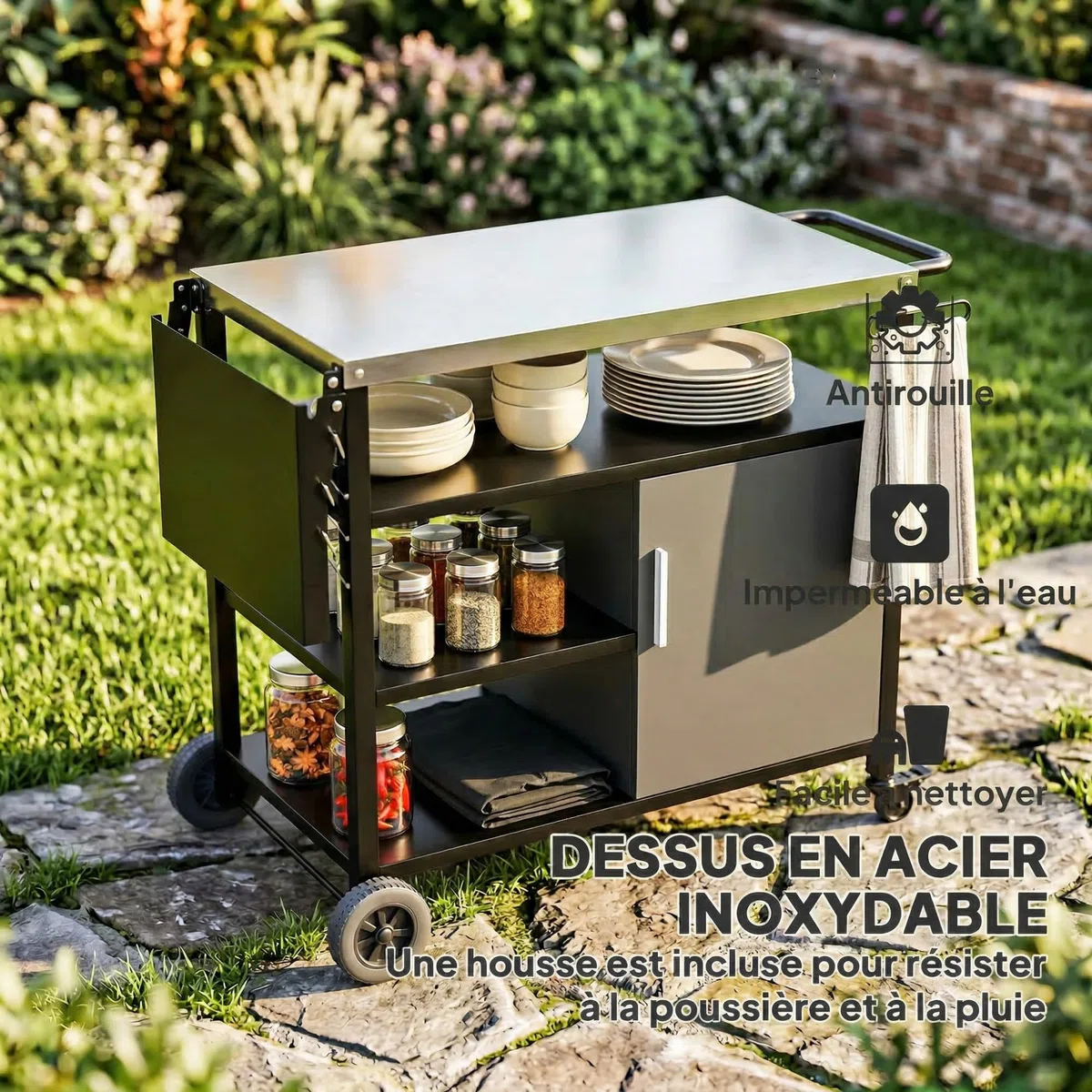 Outsunny Carrello per barbecue con vassoio in acciaio inox, ripiano pieghevole, ganci e custodia in dotazione, carrello esterno con ruote, 127 x 51 x 84 cm, colore: nero