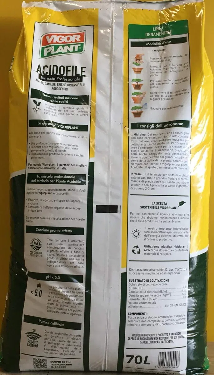 Vigorplant Terriccio Completo per Piante Acidofile 70 lt