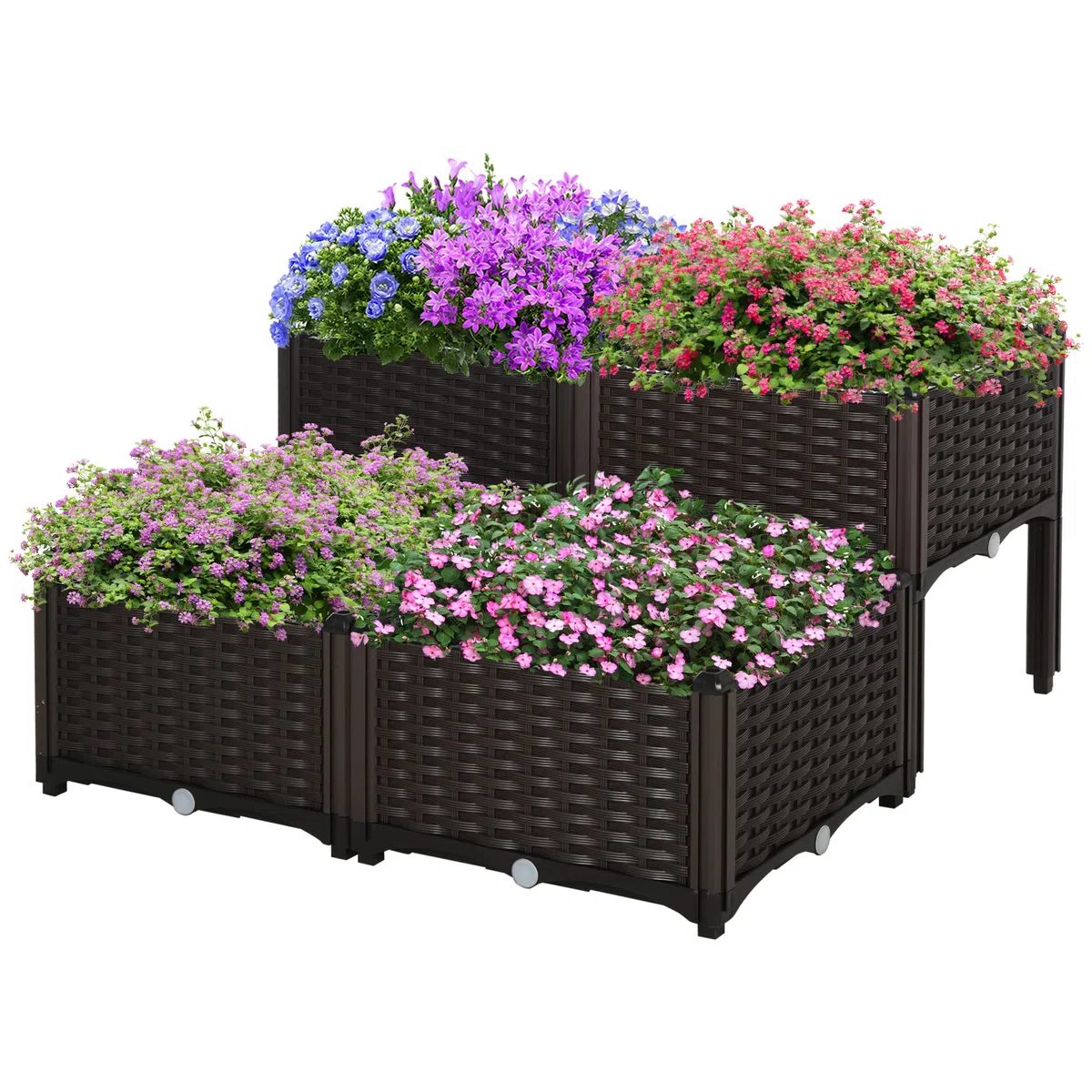 Outsunny Set 4 Pezzi Fioriere da Esterno Autoirriganti Rialzate Letto da Giardino Rialzato per Fiori Effetto Rattan in PP, Marrone