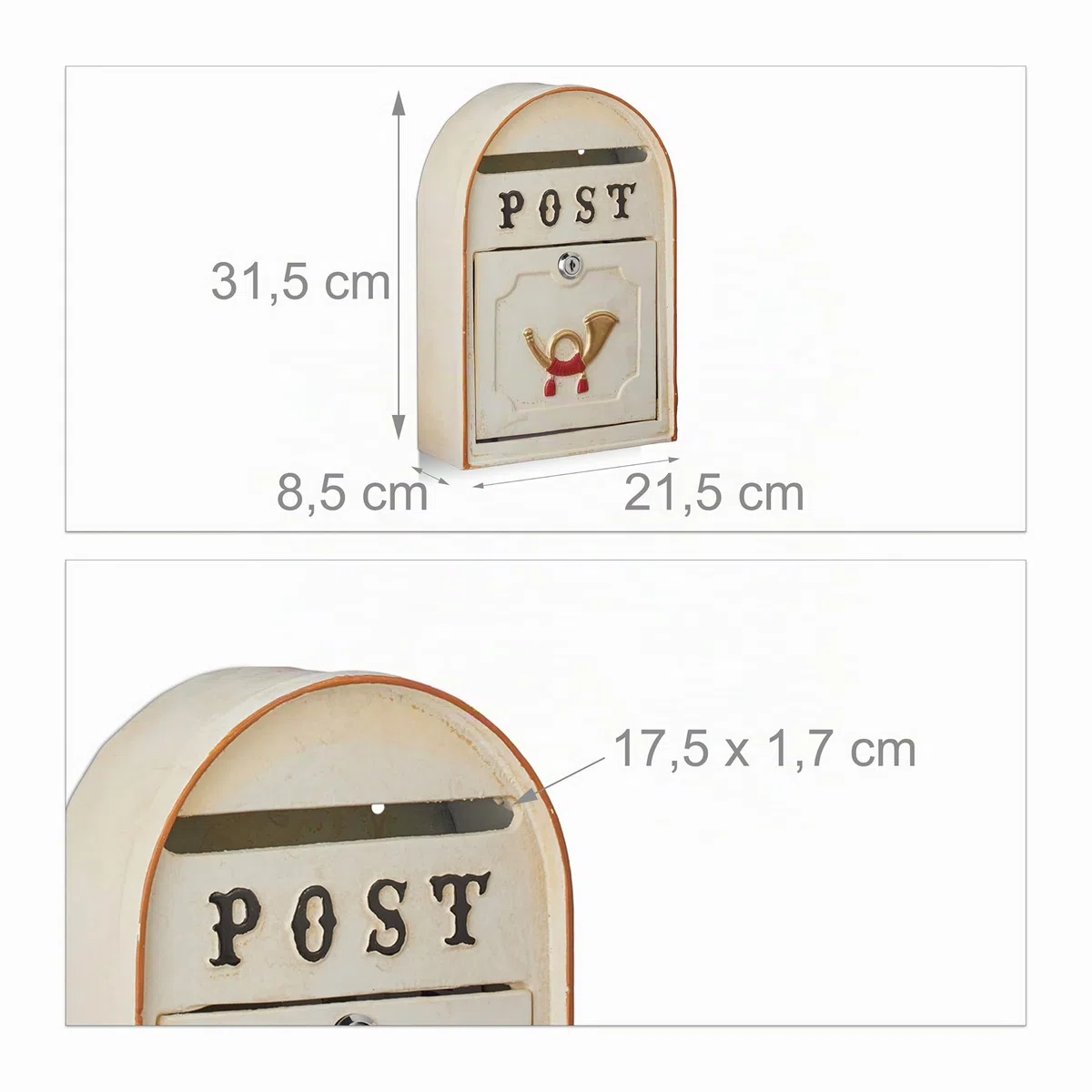 Relaxdays, beige Cassetta per la Posta Antica, Casella Postale in Stile Vintage, Design Shabby, Metallo, HLP 30x20x8 cm