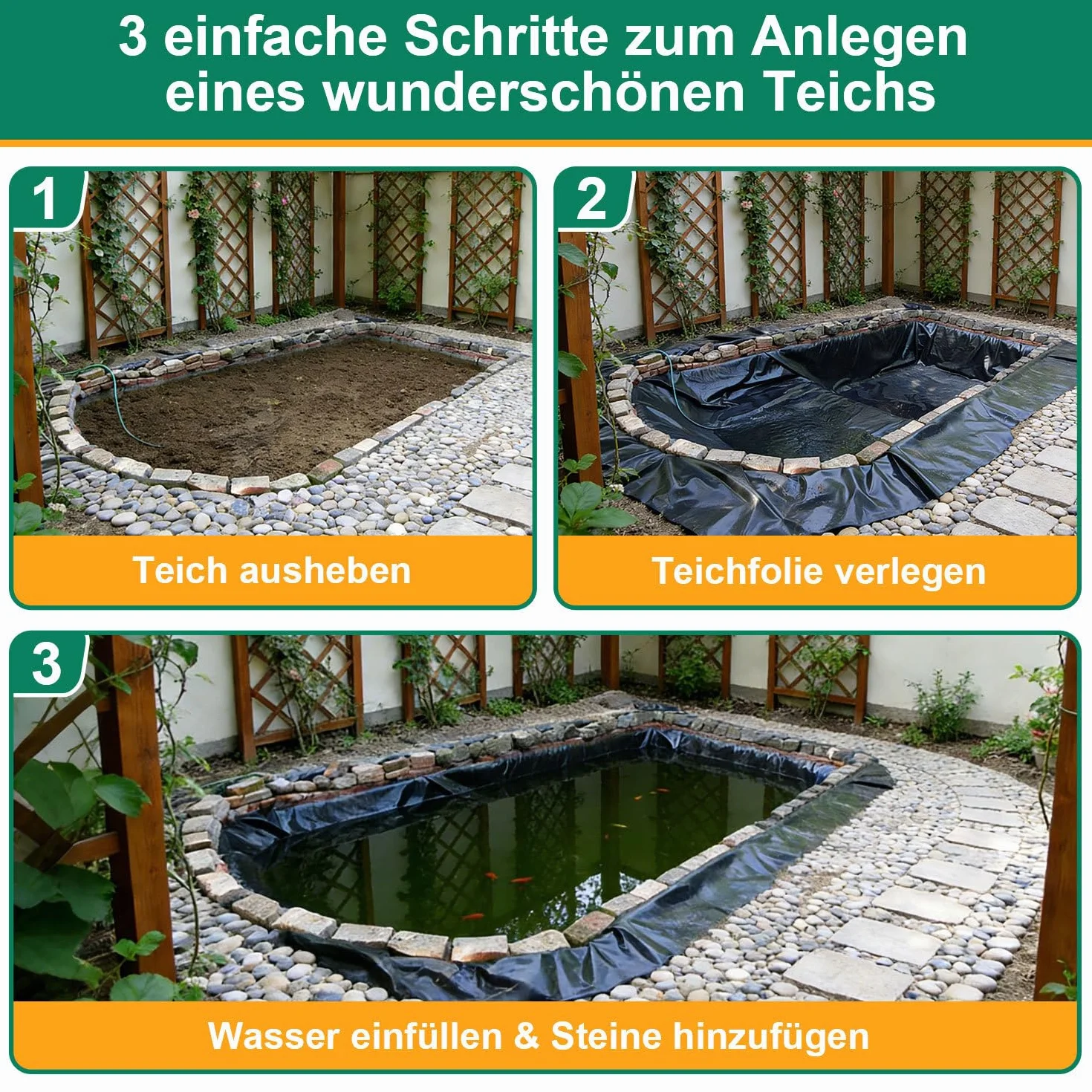 Pellicola per laghetto, 2 x 3 m, in HDPE, da 0,2 mm, stabile pellicola per laghetto, aiuole rialzate, laghetti e giardinaggio